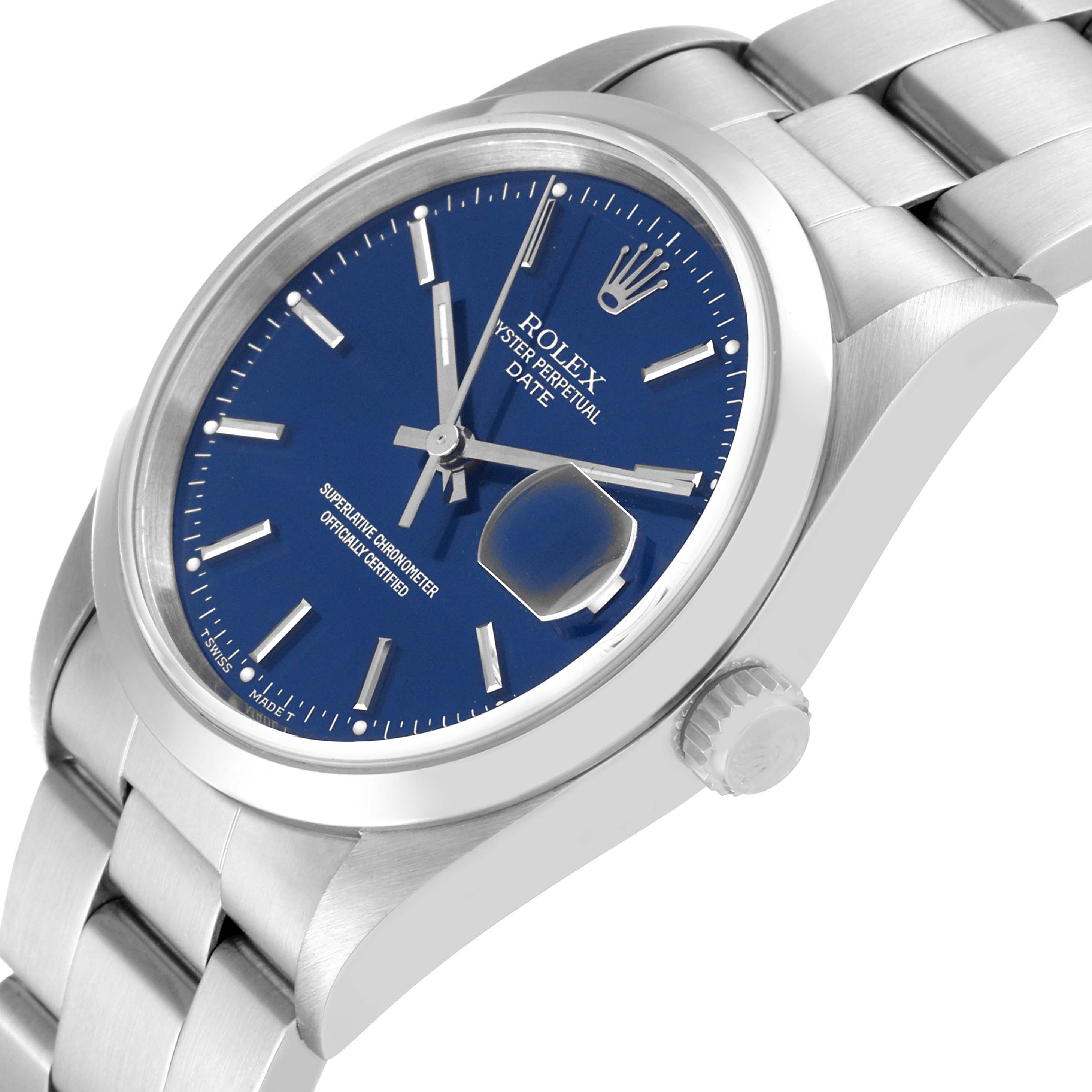 The image shows a Rolex Date 15200 Men's Stainless Steel Blue Dial 15200 Men's Stainless Steel Blue Dial model from an angled side view, highlighting the dial, bracelet, crown, and case.
