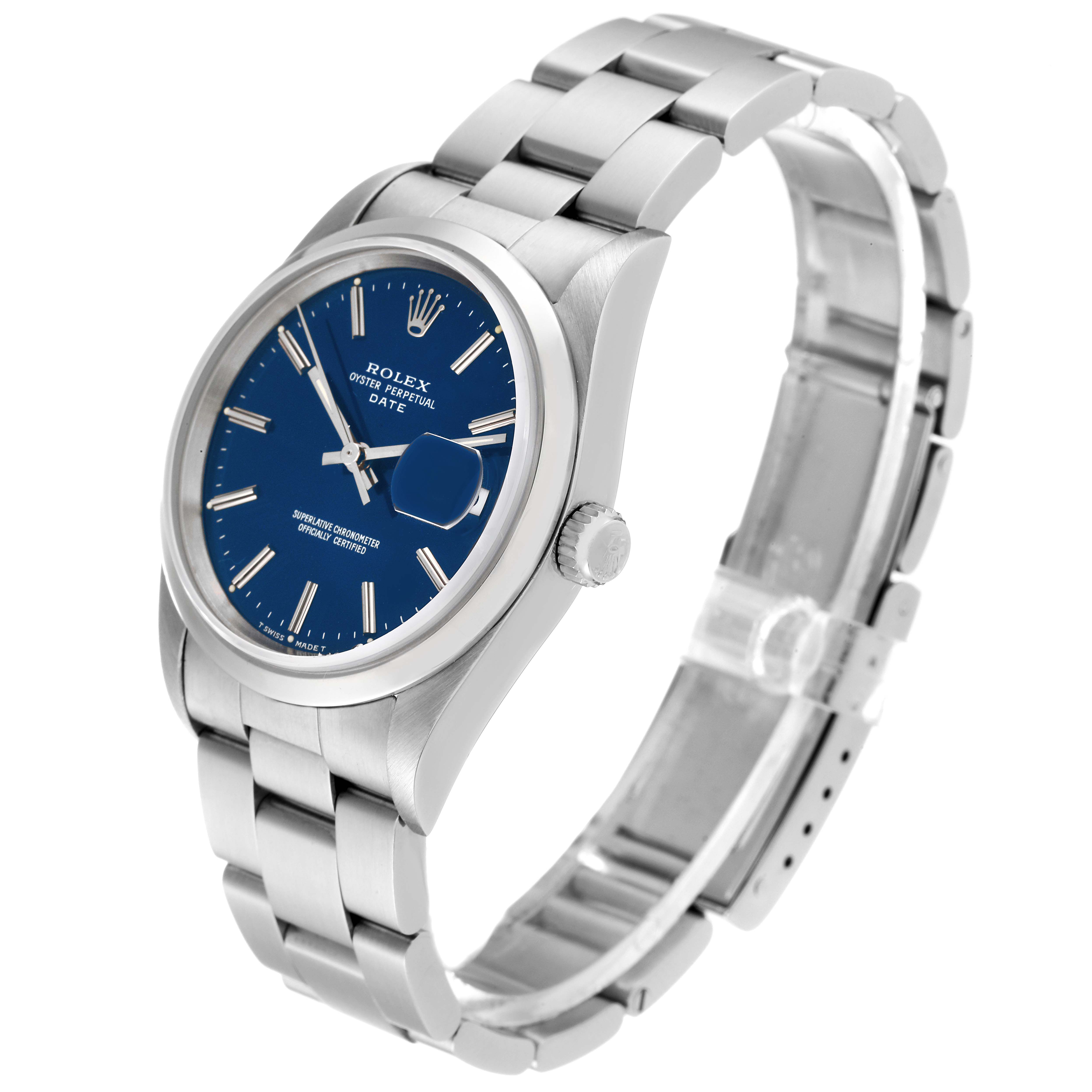 The image shows a Rolex Date 15200 Men's Stainless Steel Blue Dial 15200 Men's Stainless Steel Blue Dial model watch with a blue dial, stainless steel case, and bracelet at a side angle.