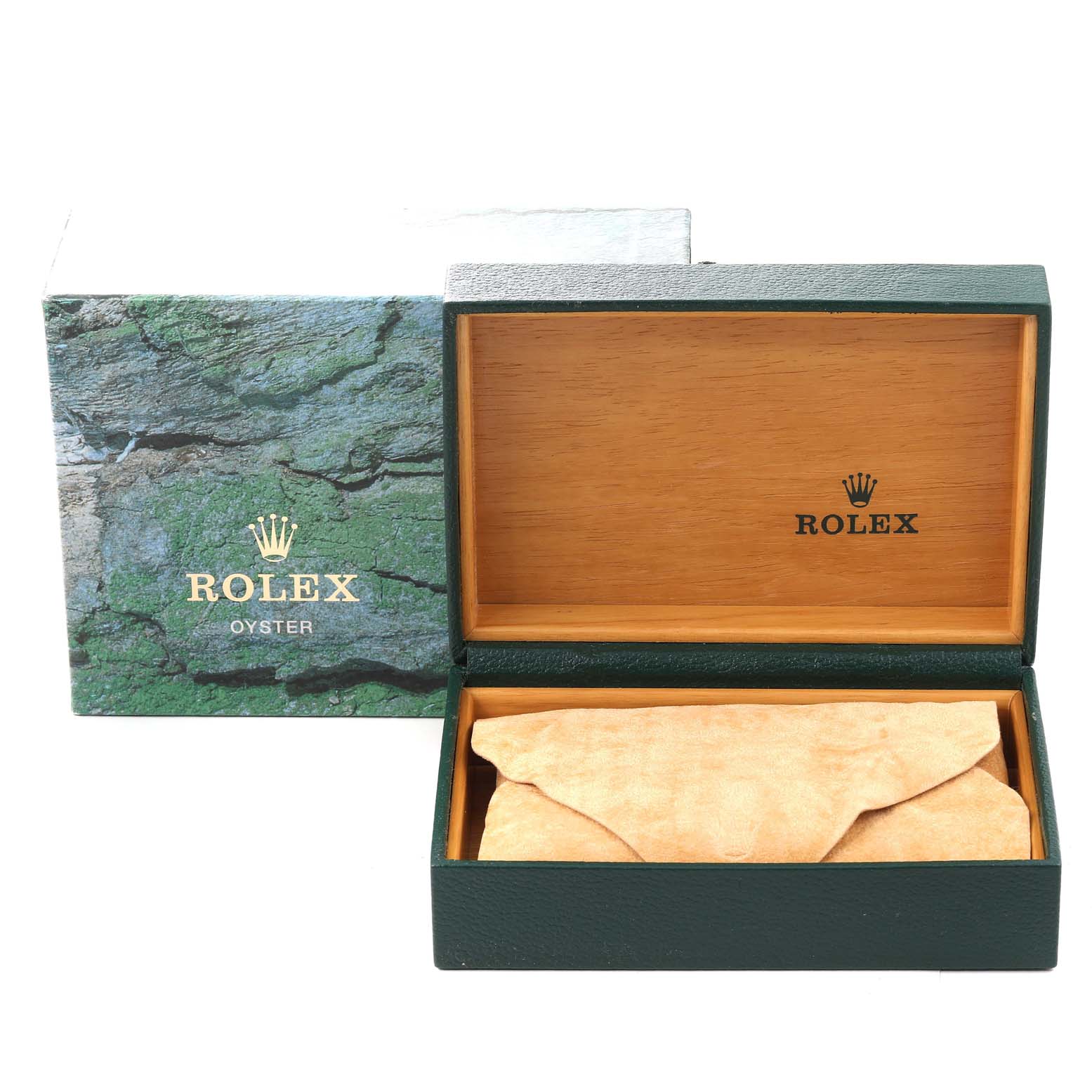 This image shows the opened box for a Rolex Date 15200 Men's Stainless Steel Blue Dial 15200 Men's Stainless Steel Blue Dial model watch, displaying the inner wooden and outer green packaging.