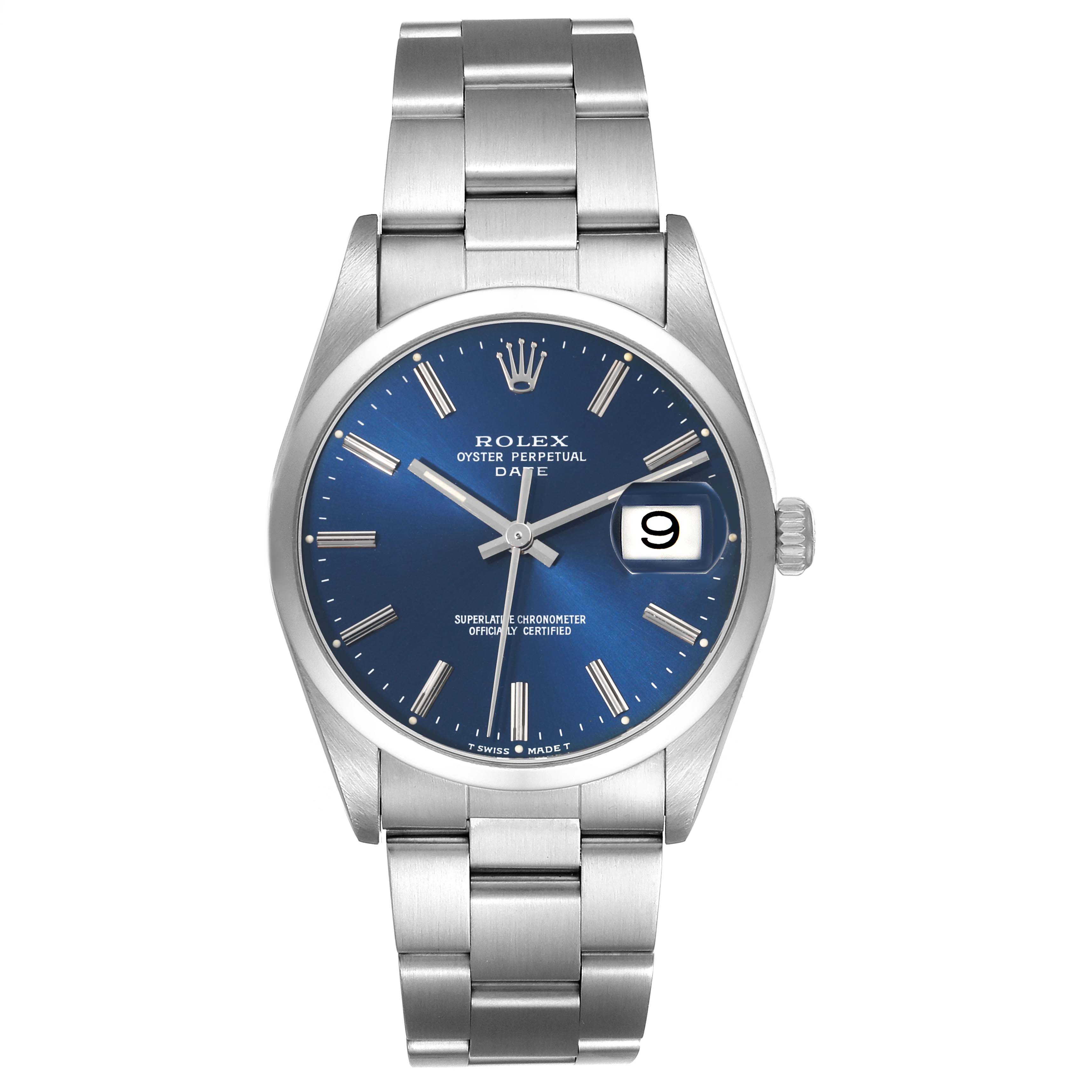 The image shows a front view of a Rolex Date 15200 Men's Stainless Steel Blue Dial 15200 Men's Stainless Steel Blue Dial model watch, displaying the dial, bezel, bracelet, and crown.