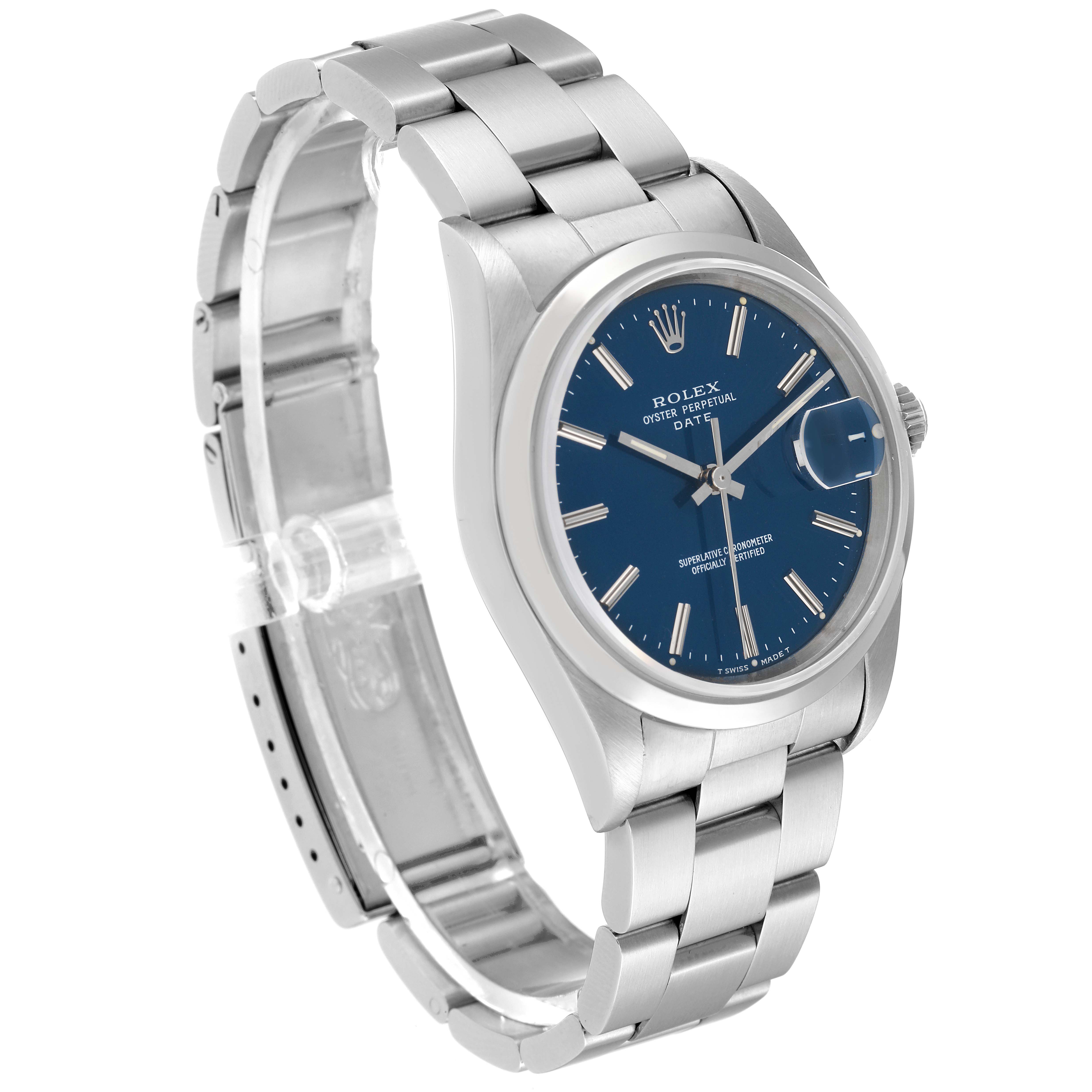 This image shows a Rolex Date 15200 Men's Stainless Steel Blue Dial 15200 Men's Stainless Steel Blue Dial model watch at a slight angle, highlighting the blue dial, stainless steel bracelet, and crown.