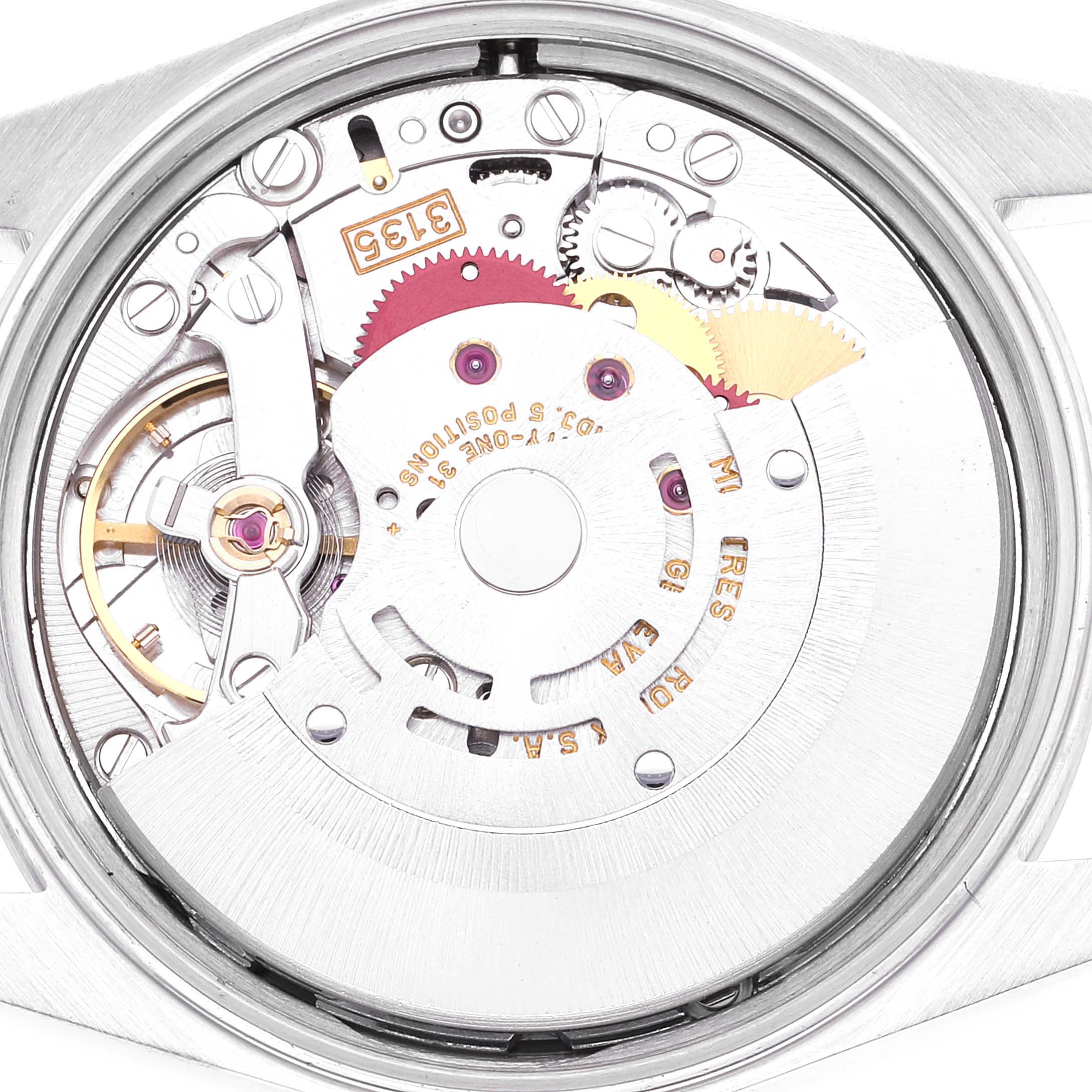 The image shows the inner mechanical movement of a Rolex Date 15200 Men's Stainless Steel Blue Dial 15200 Men's Stainless Steel Blue Dial model watch from a rear angle with the case back removed.