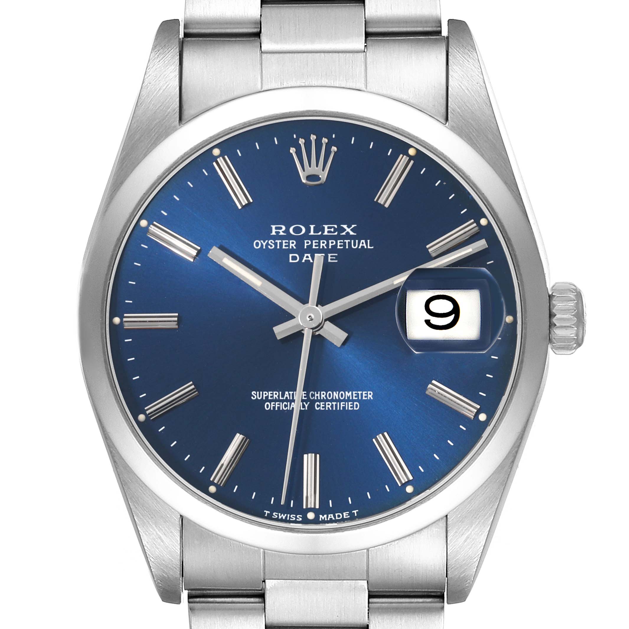 The image shows a front view of the Rolex Date 15200 Men's Stainless Steel Blue Dial 15200 Men's Stainless Steel Blue Dial model watch with a blue dial and date window at the 3 o'clock position.