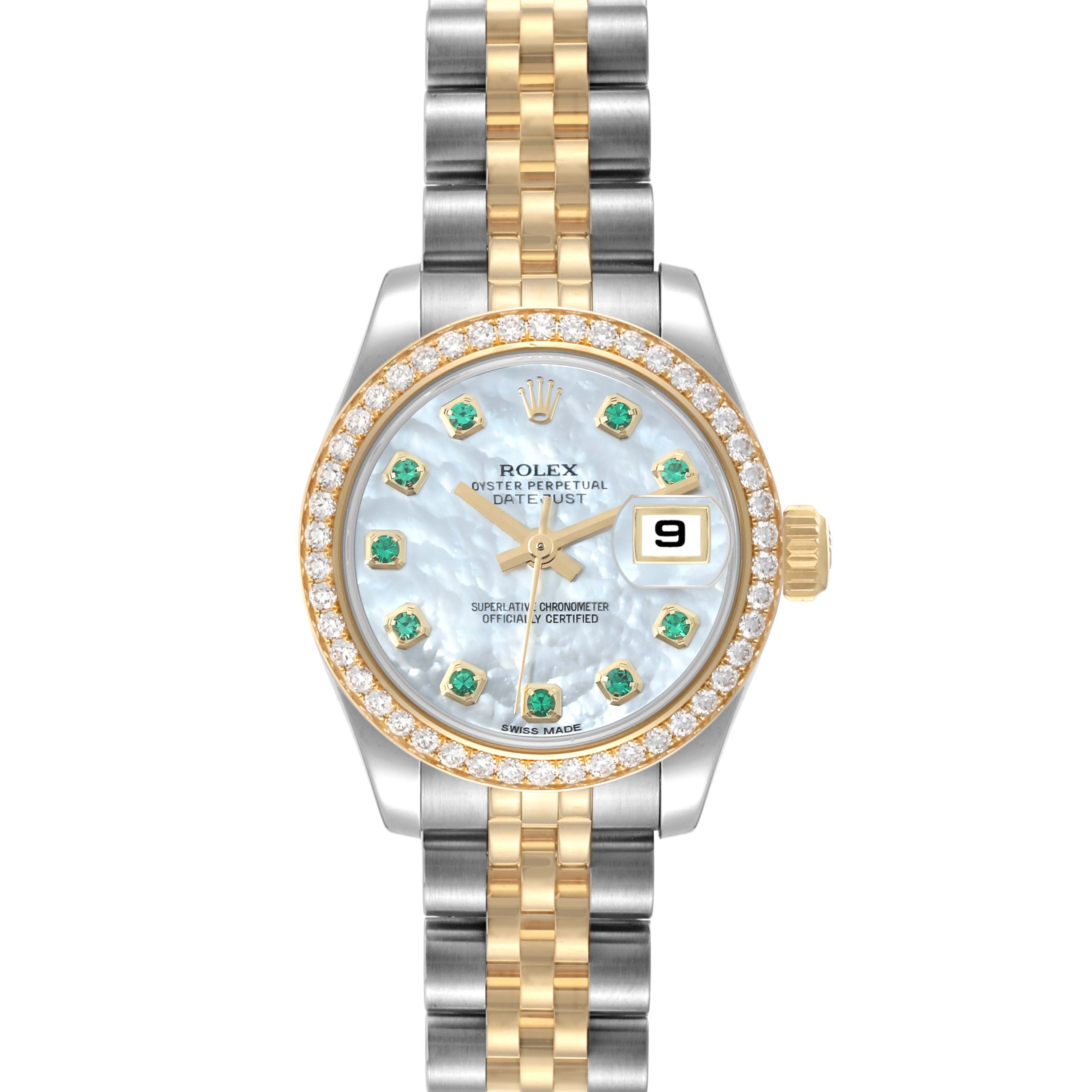 This image shows a front view of a Rolex Datejust 179383 Women's Steel and Gold (two tone) Mother of Pearl Dial 179383 Women's Steel and Gold (two tone) Mother of Pearl Dial watch, featuring a diamond-encrusted bezel, emerald markers, and a two-tone bracelet.