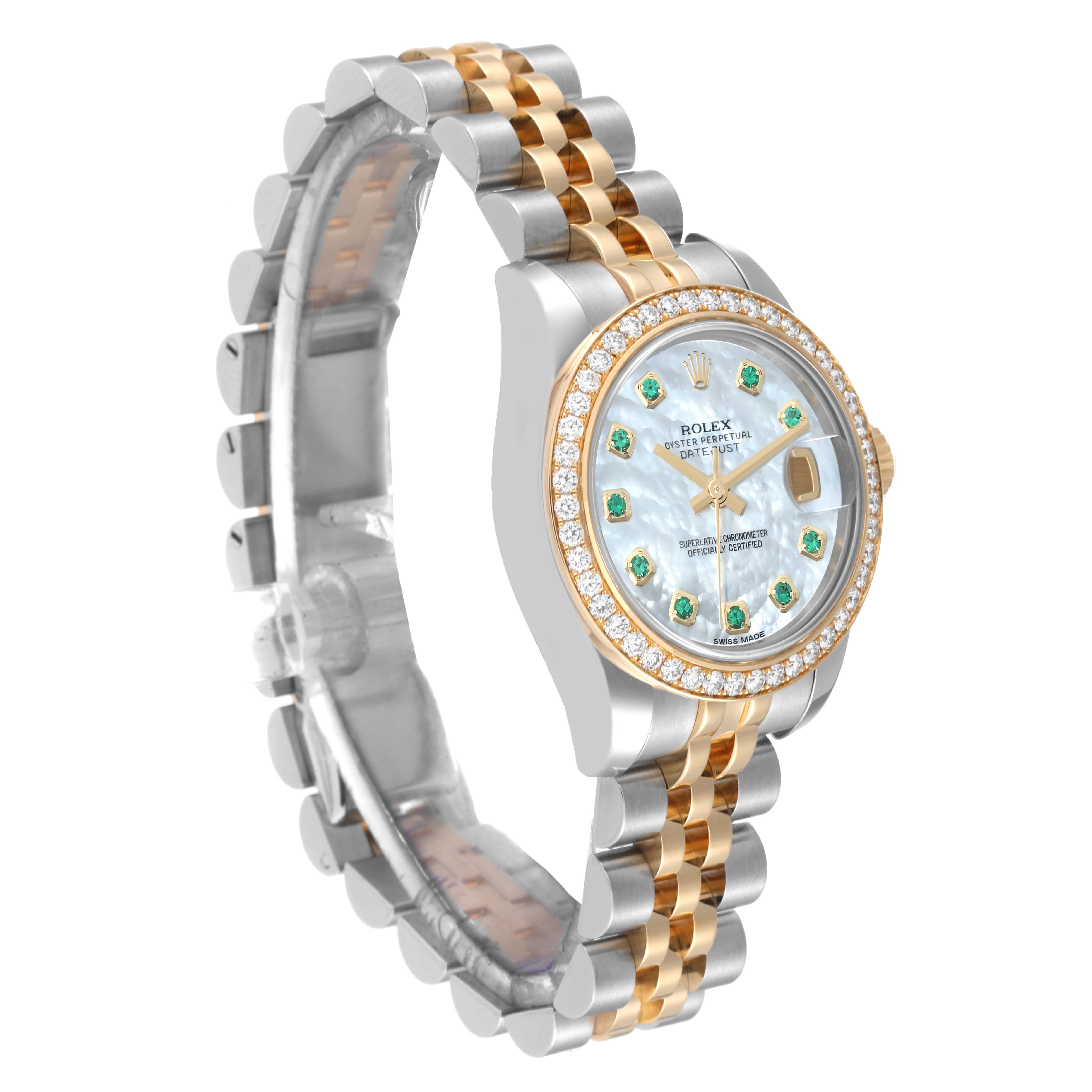 The Rolex Datejust 179383 Women's Steel and Gold (two tone) Mother of Pearl Dial 179383 Women's Steel and Gold (two tone) Mother of Pearl Dial watch is shown at a three-quarter angle, highlighting the dial, bezel, crown, and bracelet.