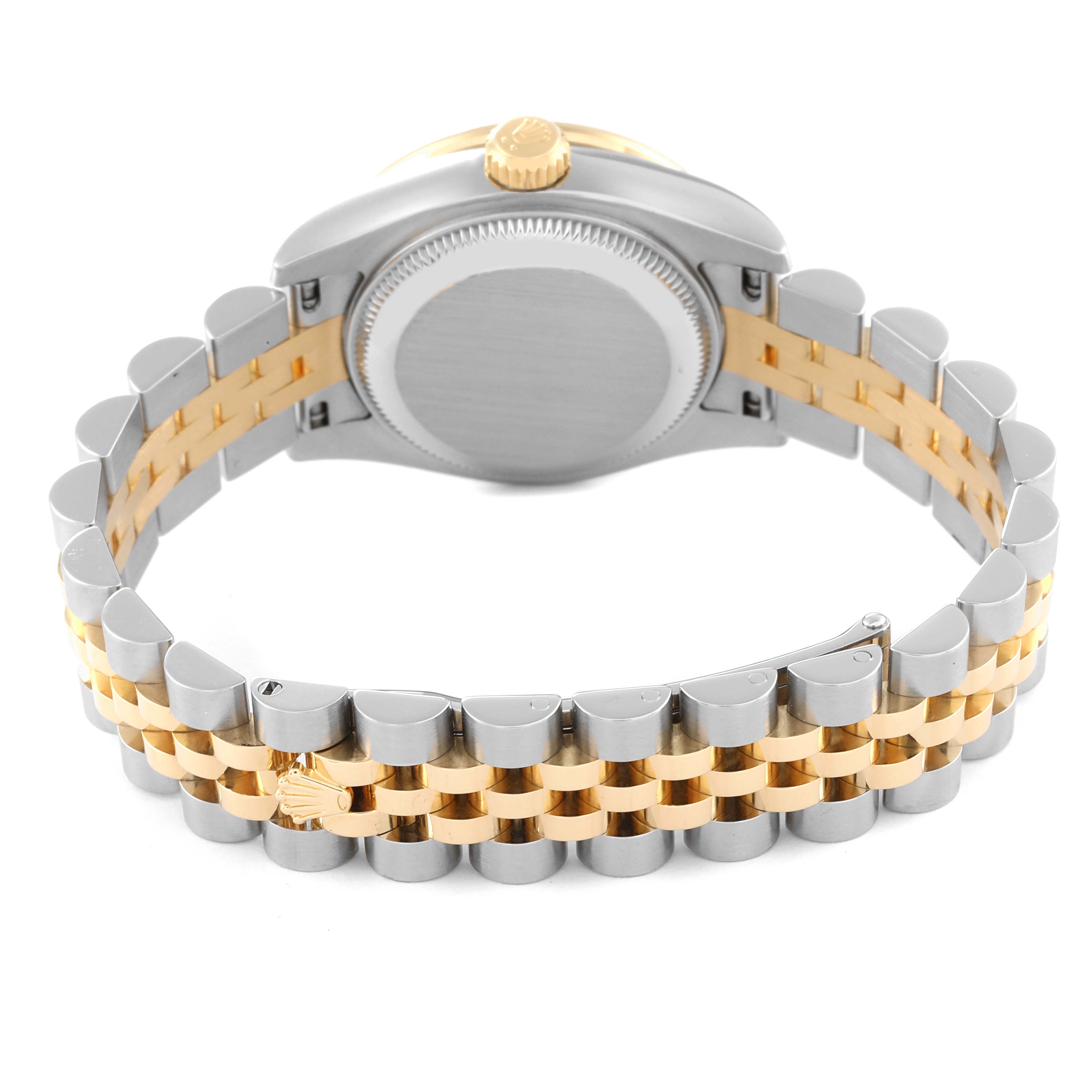 The image shows the back view of the case and the bracelet of a Rolex Datejust 179383 Women's Steel and Gold (two tone) Mother of Pearl Dial 179383 Women's Steel and Gold (two tone) Mother of Pearl Dial watch.