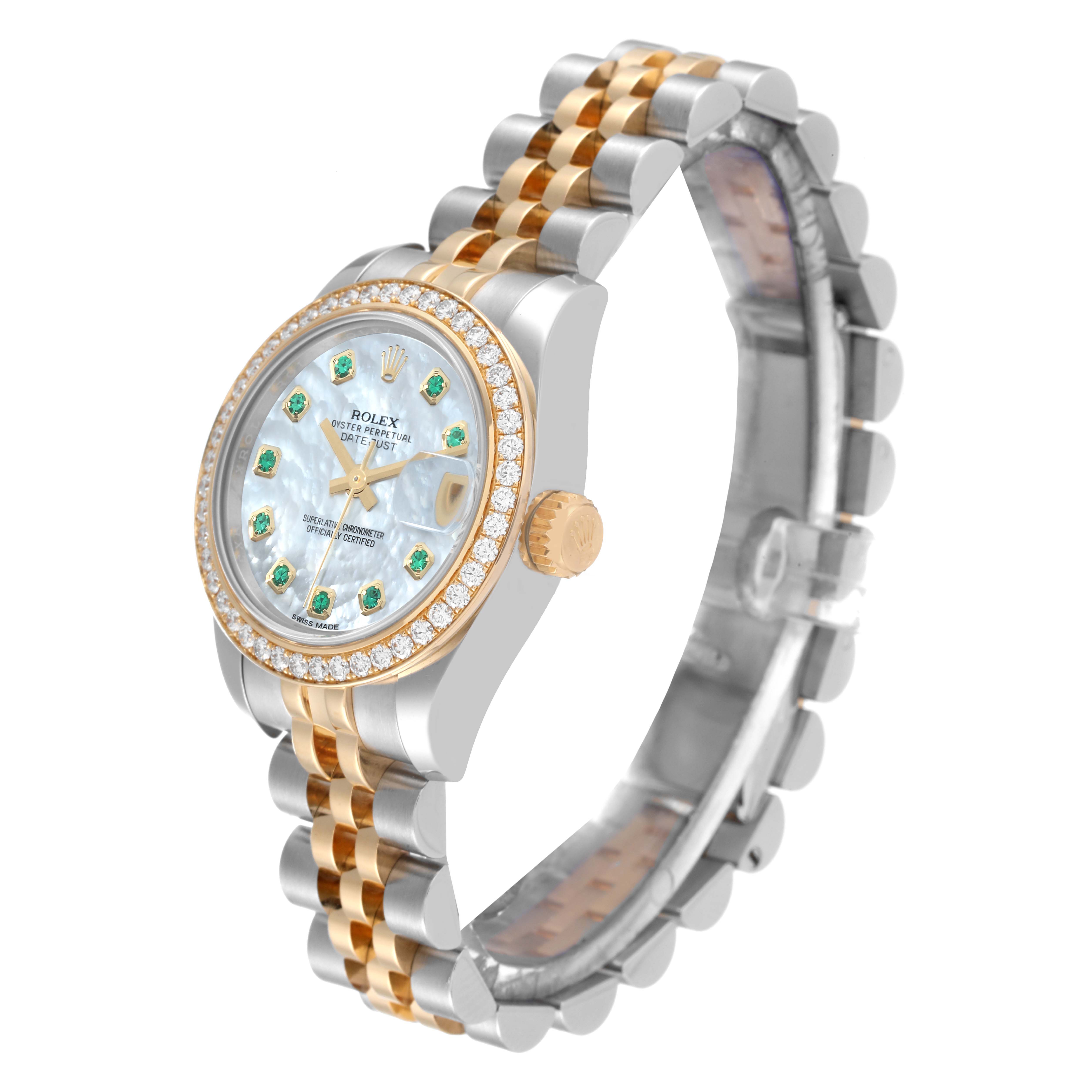The Rolex Datejust 179383 Women's Steel and Gold (two tone) Mother of Pearl Dial 179383 Women's Steel and Gold (two tone) Mother of Pearl Dial watch is shown at a slightly angled side view, displaying the face, crown, bezel, and two-tone bracelet.