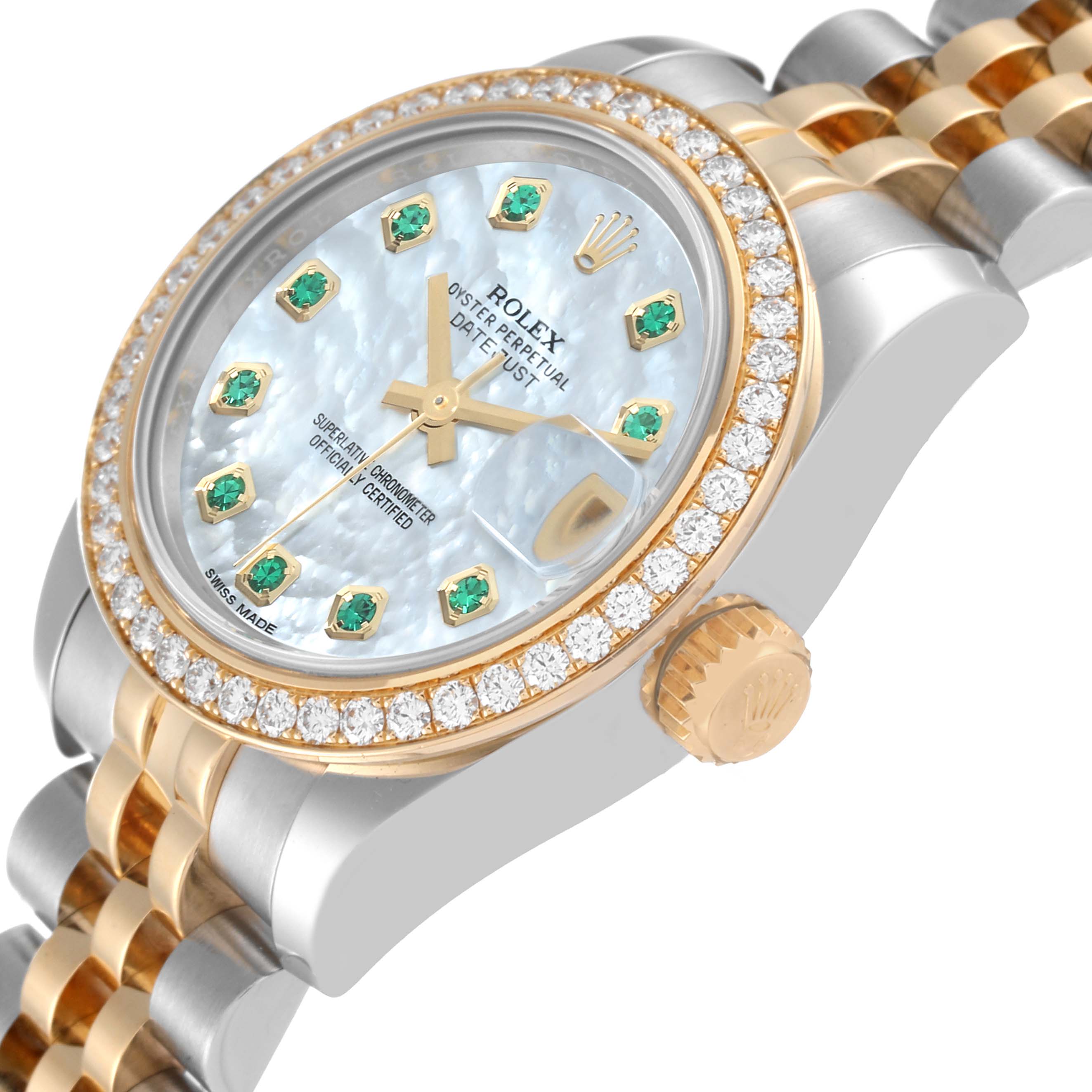 This image shows a Rolex Datejust 179383 Women's Steel and Gold (two tone) Mother of Pearl Dial 179383 Women's Steel and Gold (two tone) Mother of Pearl Dial watch at an angle emphasizing the face, crown, and bracelet.