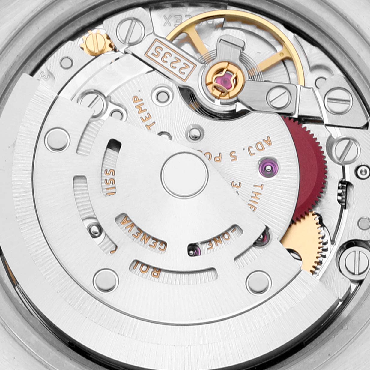 This image shows a close-up view of the movement mechanism of a Rolex Datejust 179383 Women's Steel and Gold (two tone) Mother of Pearl Dial 179383 Women's Steel and Gold (two tone) Mother of Pearl Dial watch.