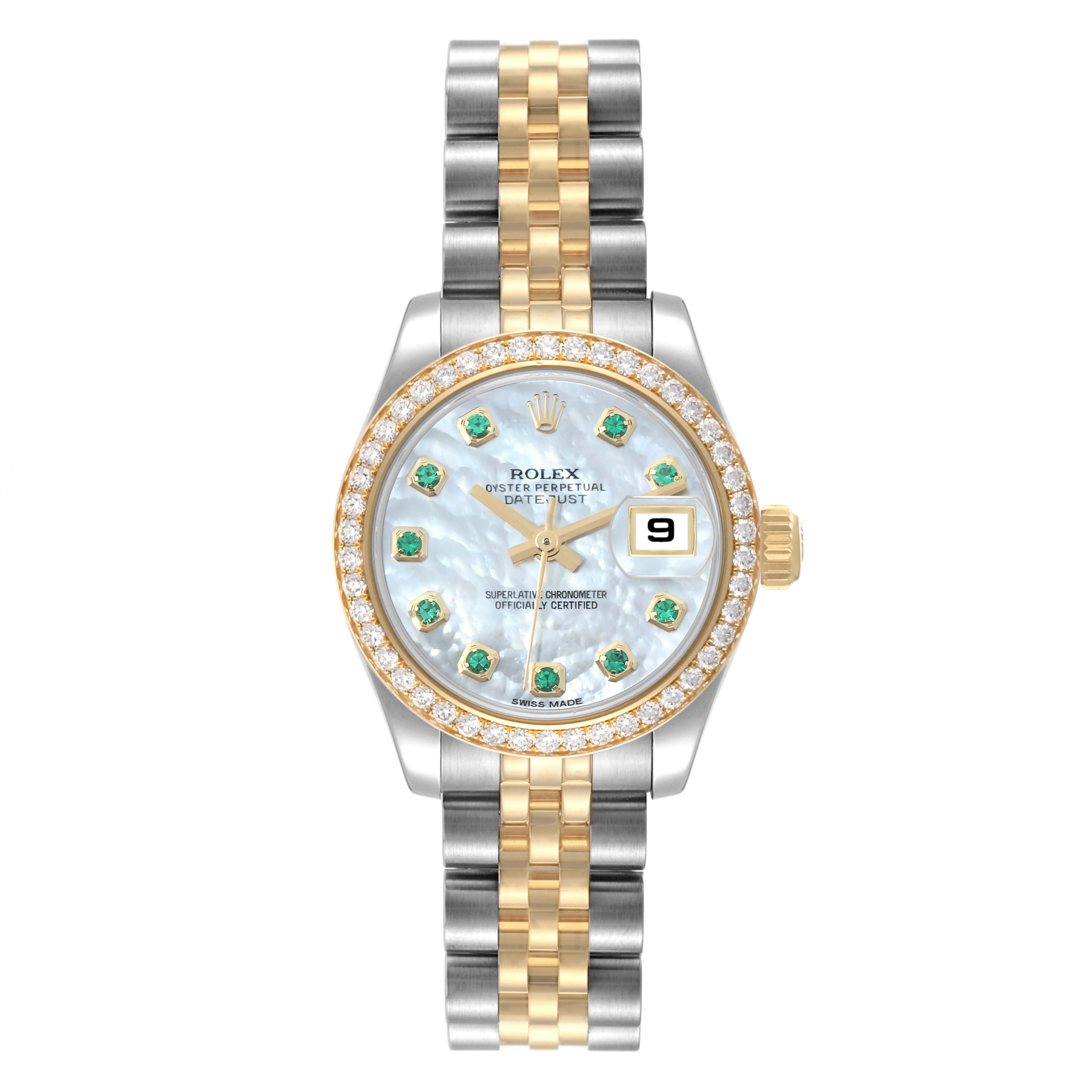 The image shows the front view of a Rolex Datejust 179383 Women's Steel and Gold (two tone) Mother of Pearl Dial 179383 Women's Steel and Gold (two tone) Mother of Pearl Dial model with a jewel-encrusted bezel and two-tone bracelet.