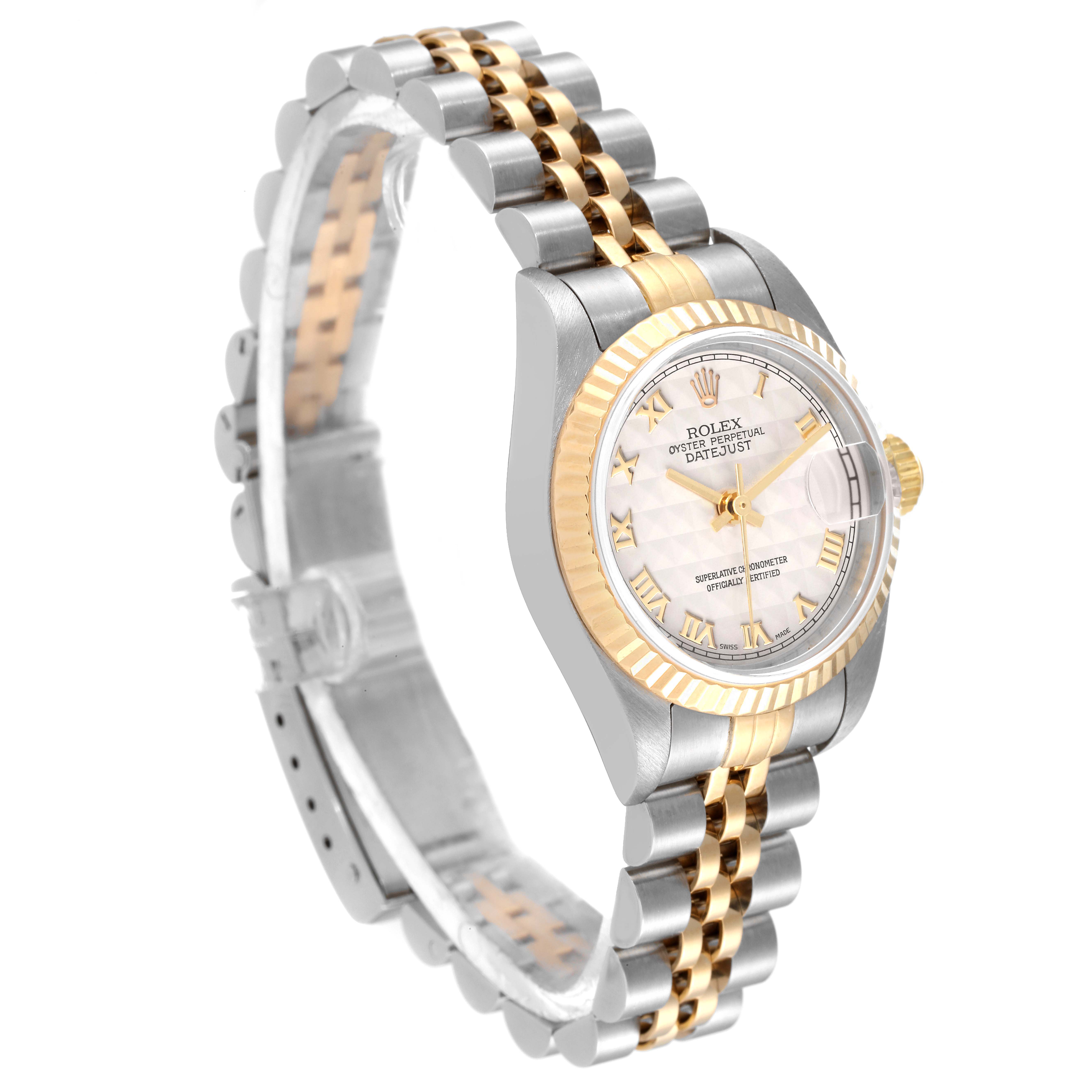 This Rolex Datejust 79173 Women's Steel and Gold (two tone) Beige Dial 79173 Women's Steel and Gold (two tone) Beige Dial watch is shown at a three-quarter angle, displaying the face, bezel, and bracelet.