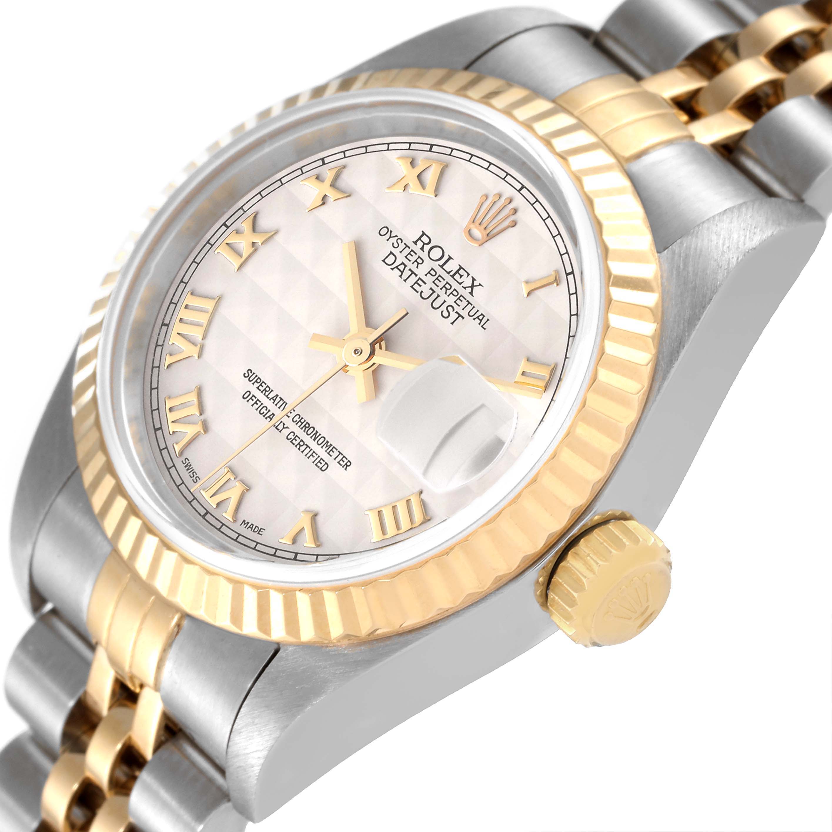 The image shows a close-up angle of a Rolex Datejust 79173 Women's Steel and Gold (two tone) Beige Dial 79173 Women's Steel and Gold (two tone) Beige Dial watch, highlighting its face, bezel, crown, and part of its bracelet.