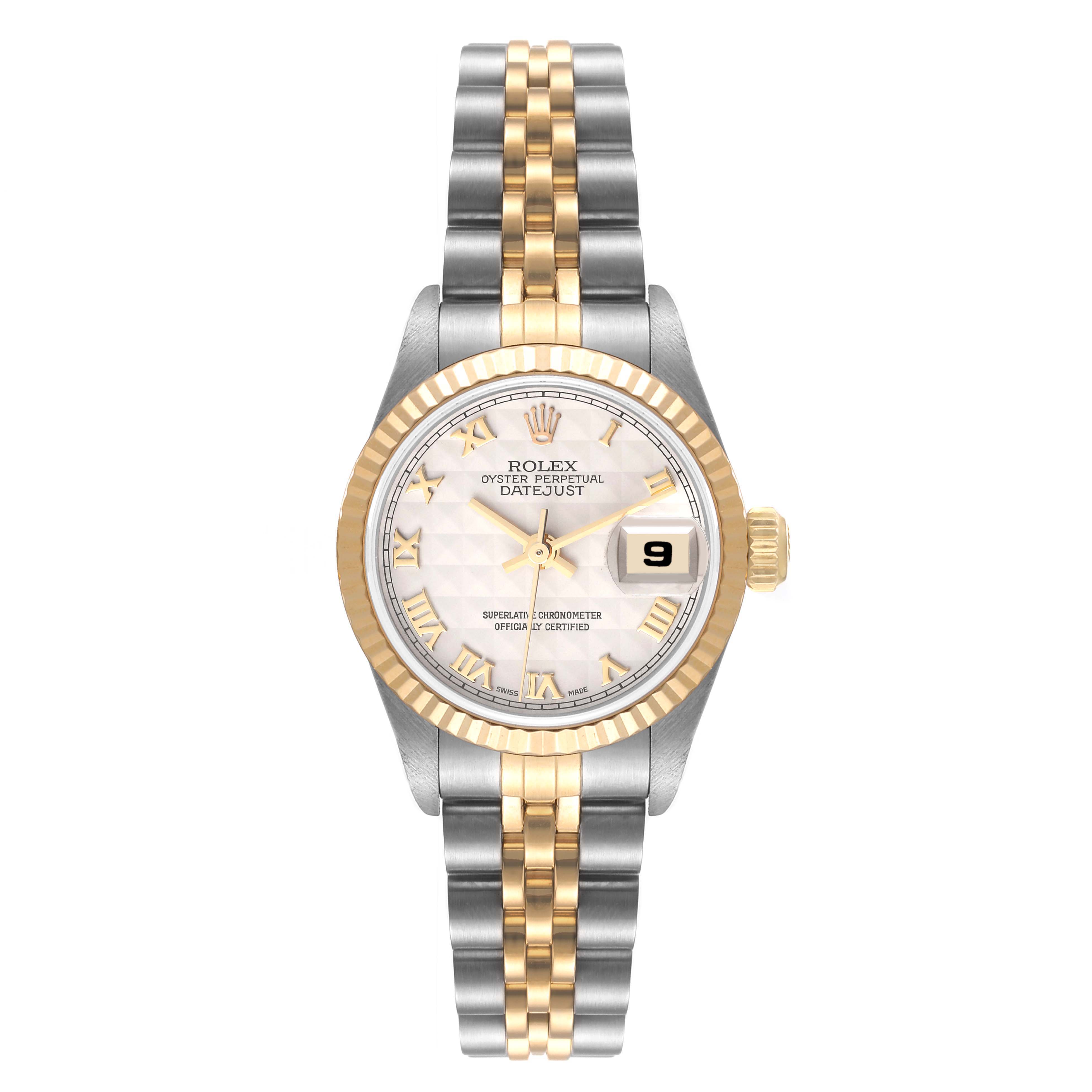 The image shows a frontal view of a Rolex Datejust 79173 Women's Steel and Gold (two tone) Beige Dial 79173 Women's Steel and Gold (two tone) Beige Dial watch, highlighting the dial, bezel, bracelet, and date window.