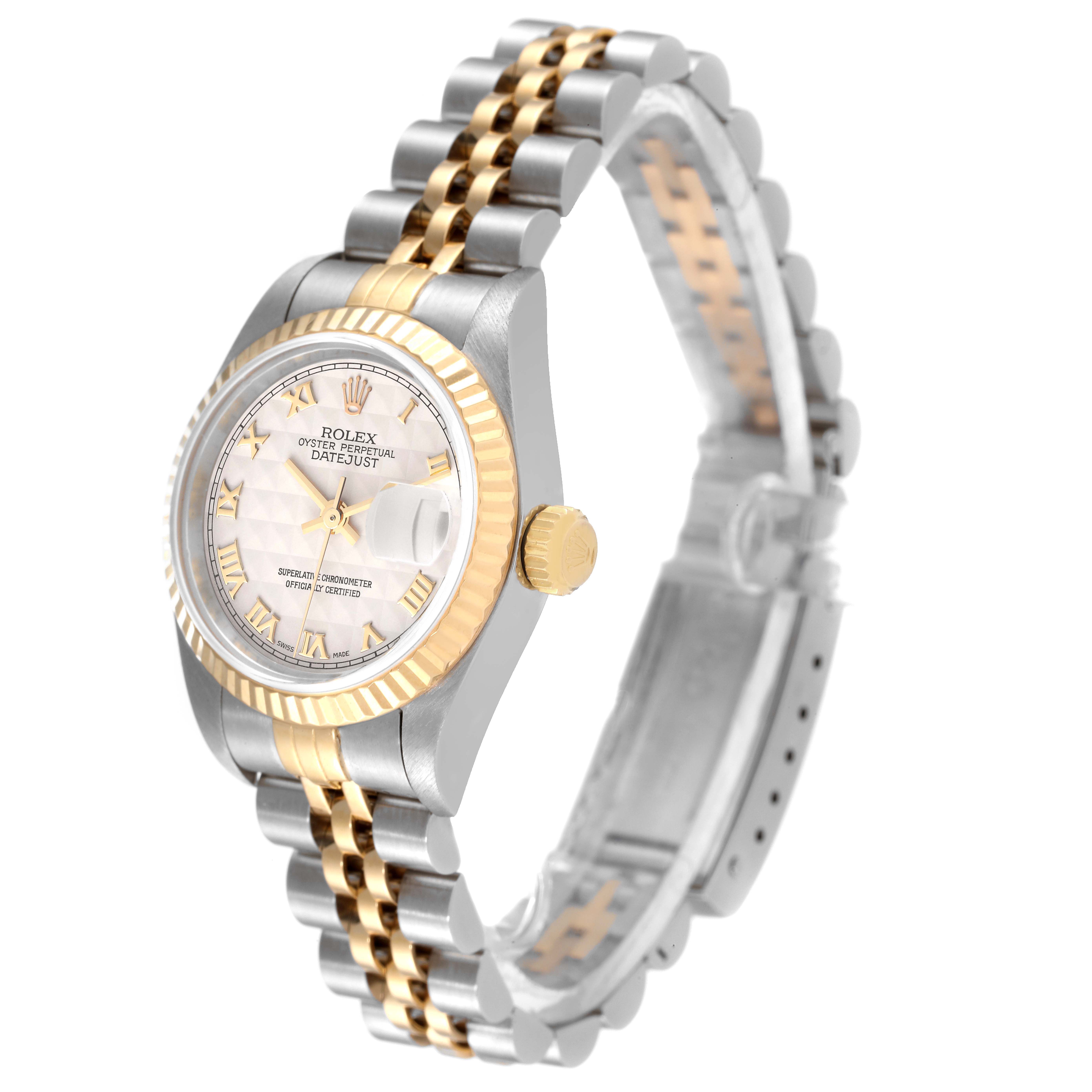 The image shows a Rolex Datejust 79173 Women's Steel and Gold (two tone) Beige Dial 79173 Women's Steel and Gold (two tone) Beige Dial watch at a slight angle, displaying the dial, crown, and two-tone bracelet.