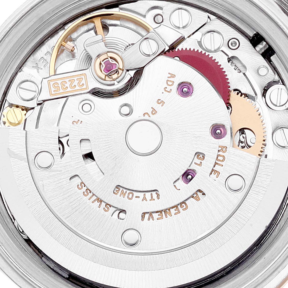 This image shows the internal movement mechanism of a Rolex Datejust 79173 Women's Steel and Gold (two tone) Beige Dial 79173 Women's Steel and Gold (two tone) Beige Dial watch from a close-up angle.