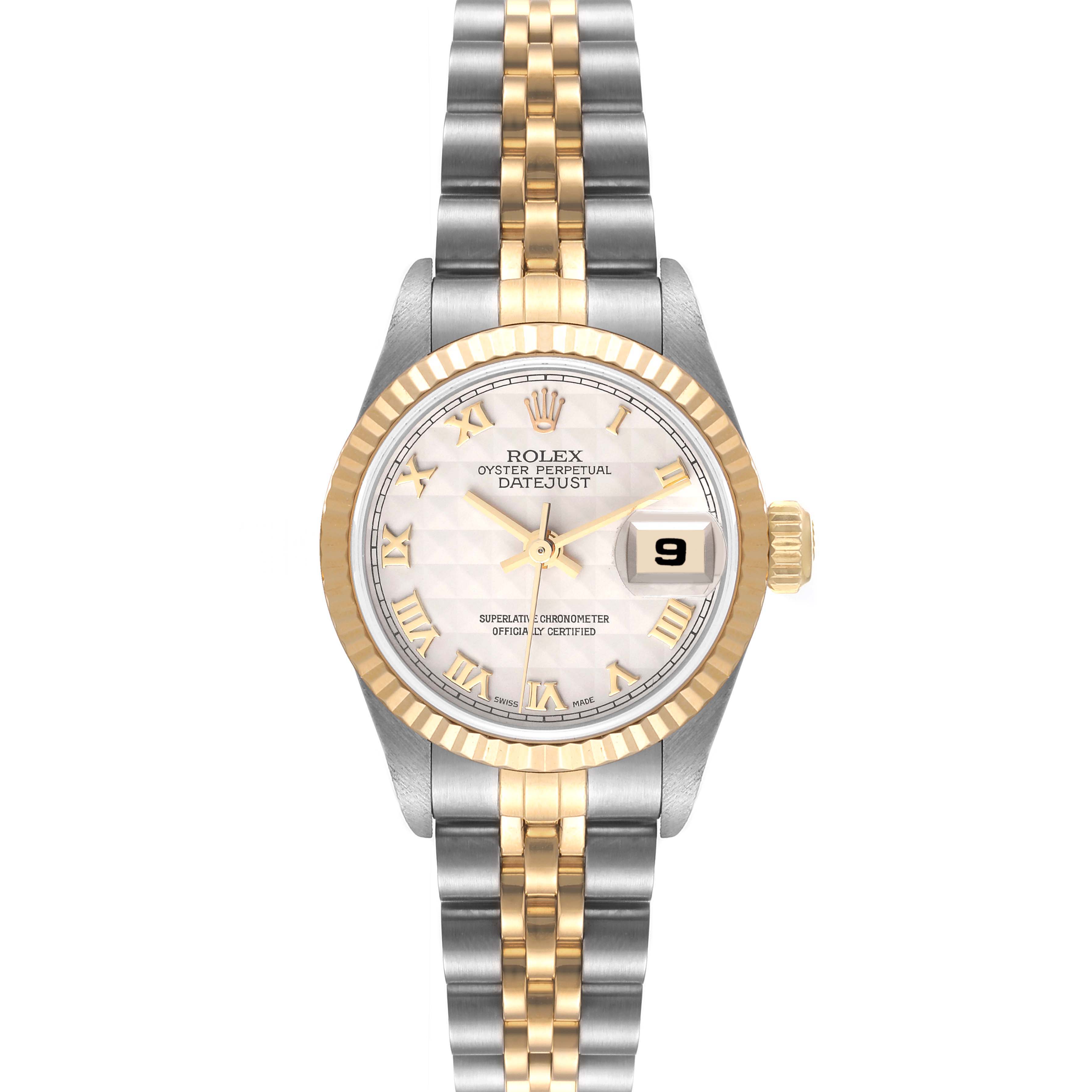 This image is a front view of the Rolex Datejust 79173 Women's Steel and Gold (two tone) Beige Dial 79173 Women's Steel and Gold (two tone) Beige Dial watch showcasing its dial, bezel, and two-tone bracelet.