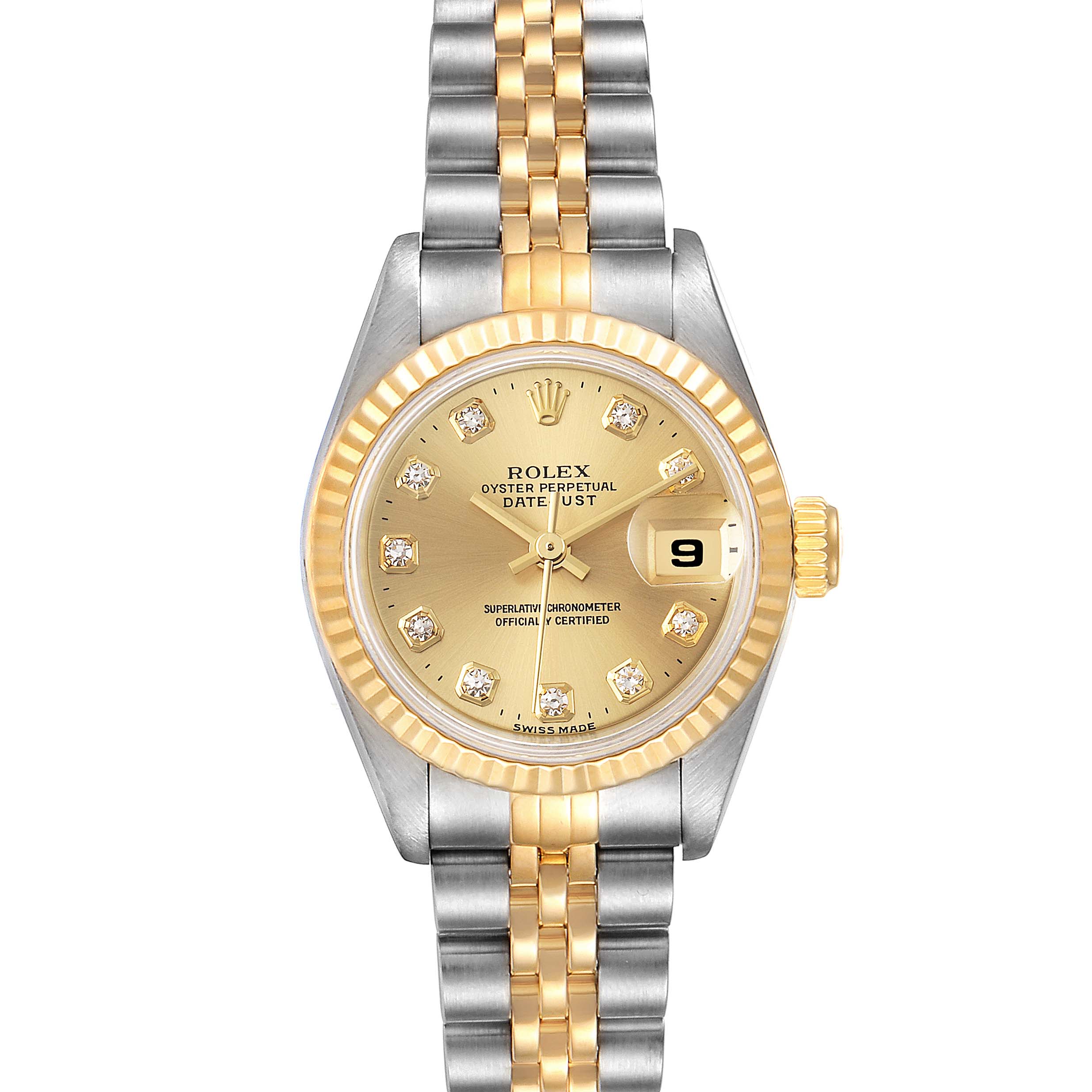 The image shows a front view of a Rolex Datejust 69173 Women's Steel and Gold (two tone) Champagne Dial 69173 Women's Steel and Gold (two tone) Champagne Dial watch, highlighting the dial, bezel, and bracelet.