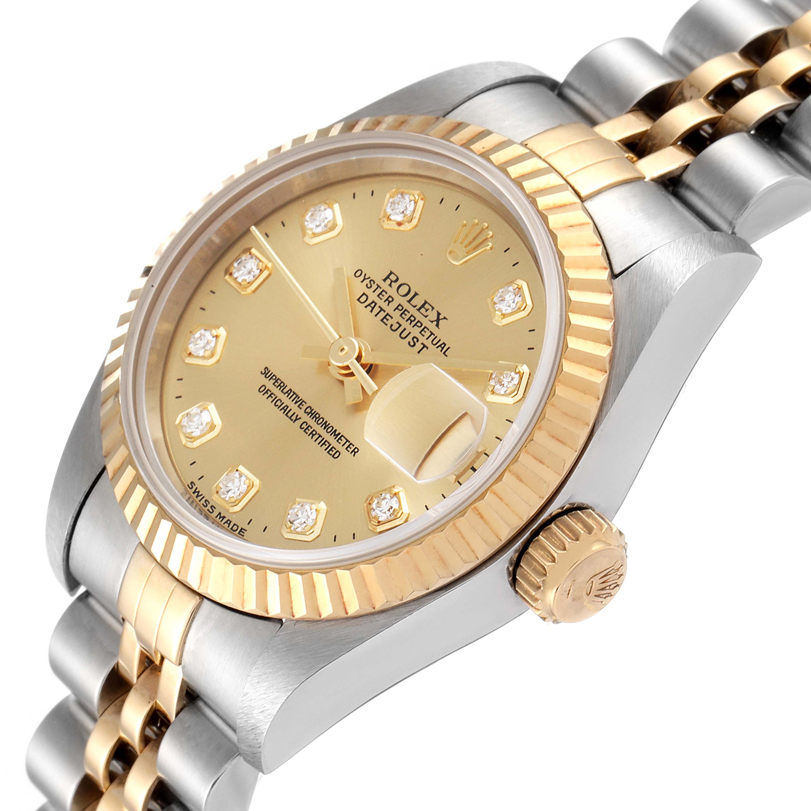 This image shows a close-up angled view of the Rolex Datejust 69173 Women's Steel and Gold (two tone) Champagne Dial 69173 Women's Steel and Gold (two tone) Champagne Dial, highlighting the dial, crown, and part of the bracelet.