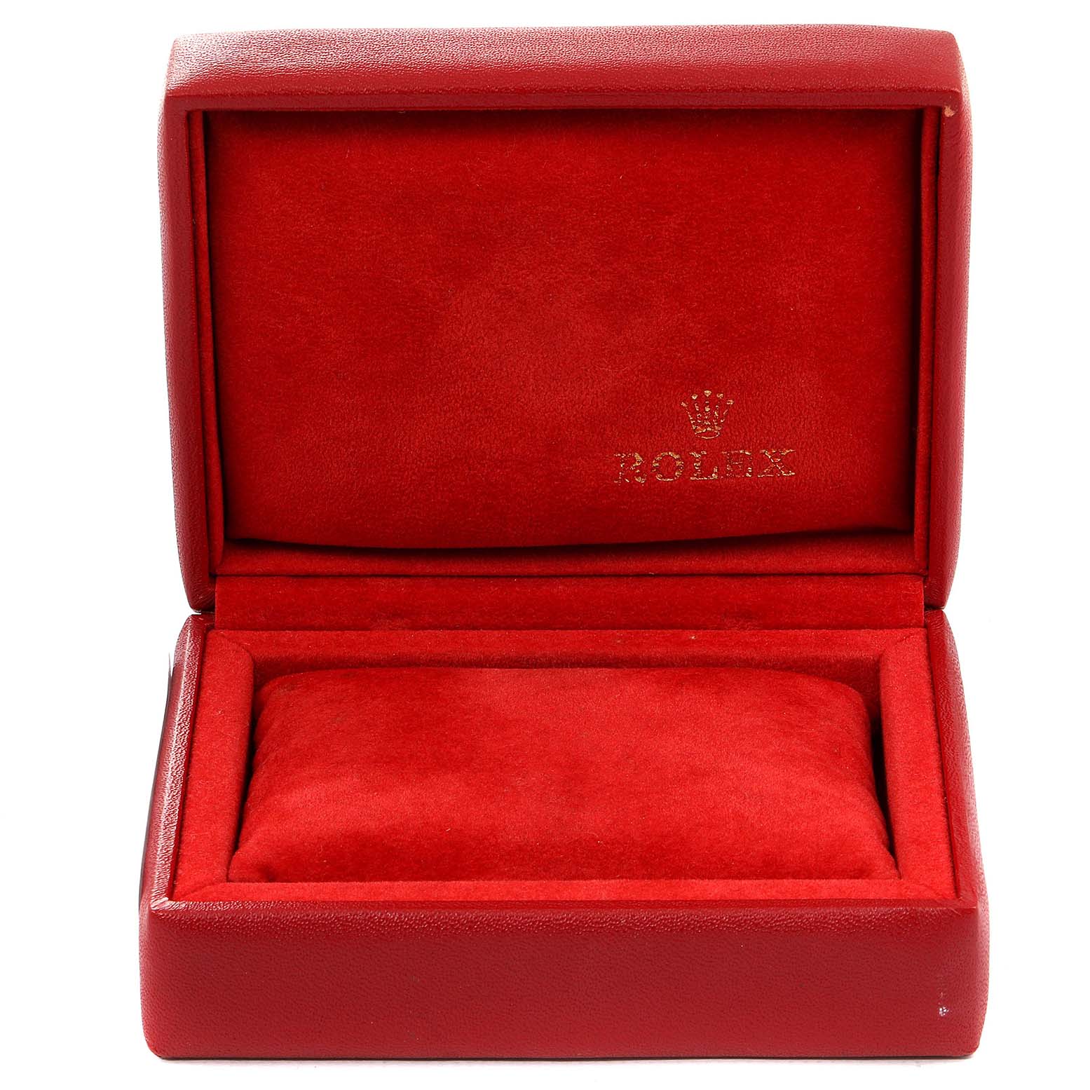 This image shows an open red velvet Rolex watch box for the Datejust model.