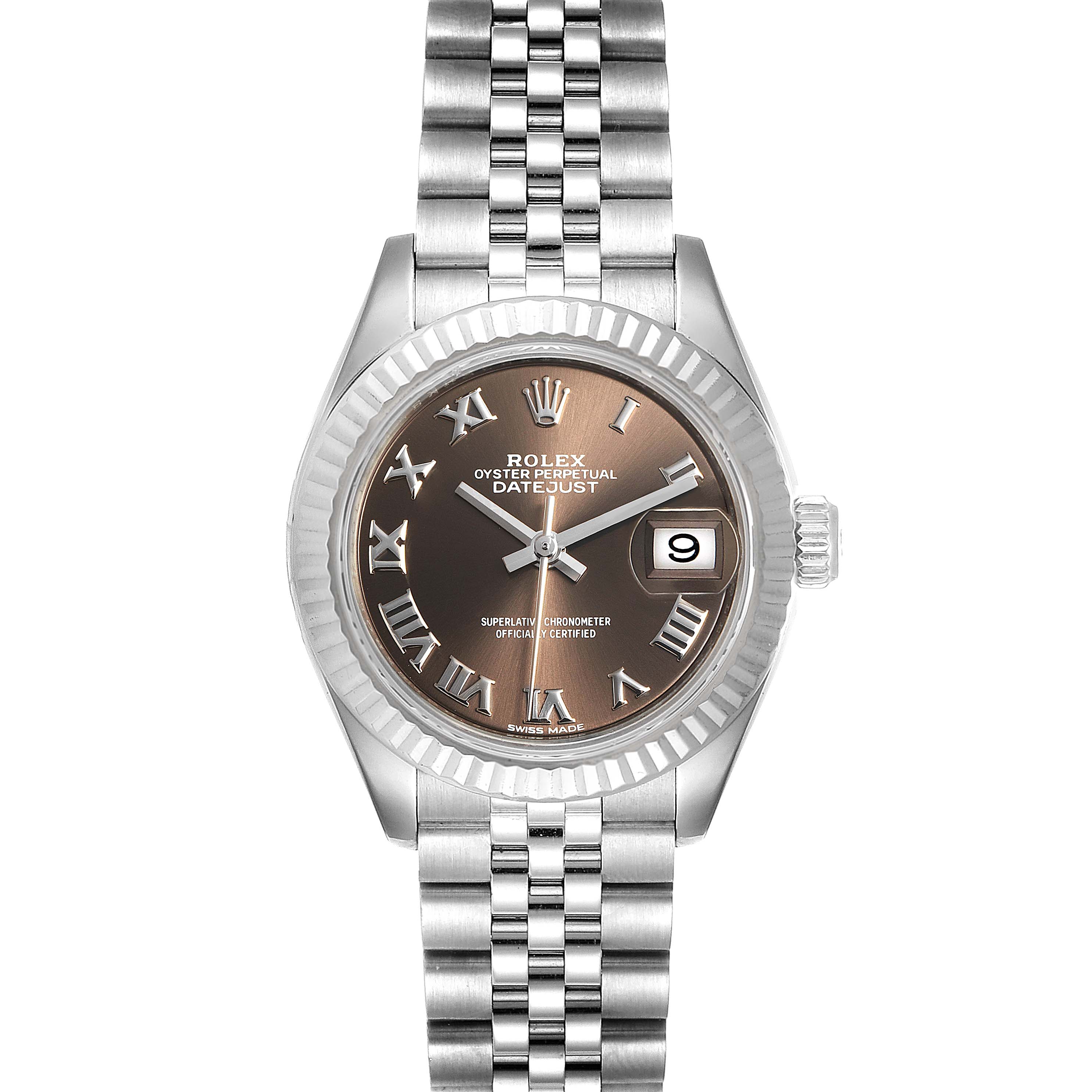 The image shows a front view of a Rolex Datejust 279174 Women's Stainless Steel Brown Dial 279174 Women's Stainless Steel Brown Dial watch, highlighting its brown dial, Roman numerals, date window, and Jubilee bracelet.