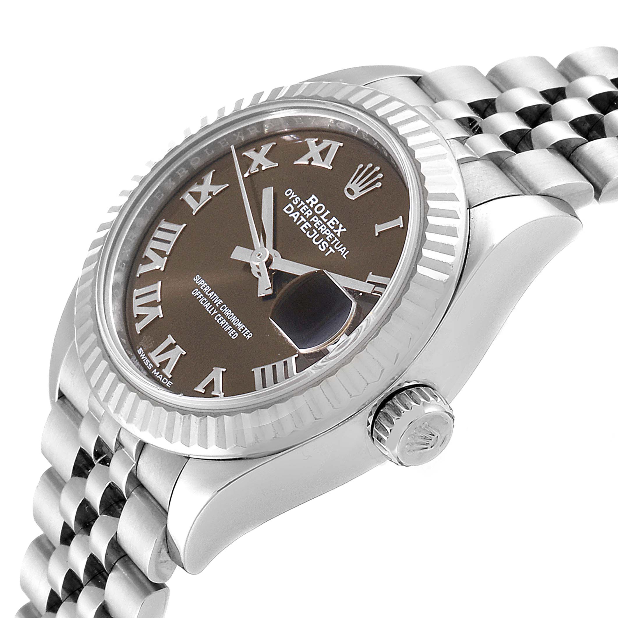 The image shows a side angle of the Rolex Datejust 279174 Women's Stainless Steel Brown Dial 279174 Women's Stainless Steel Brown Dial, highlighting the dial, bezel, crown, and portion of the bracelet.