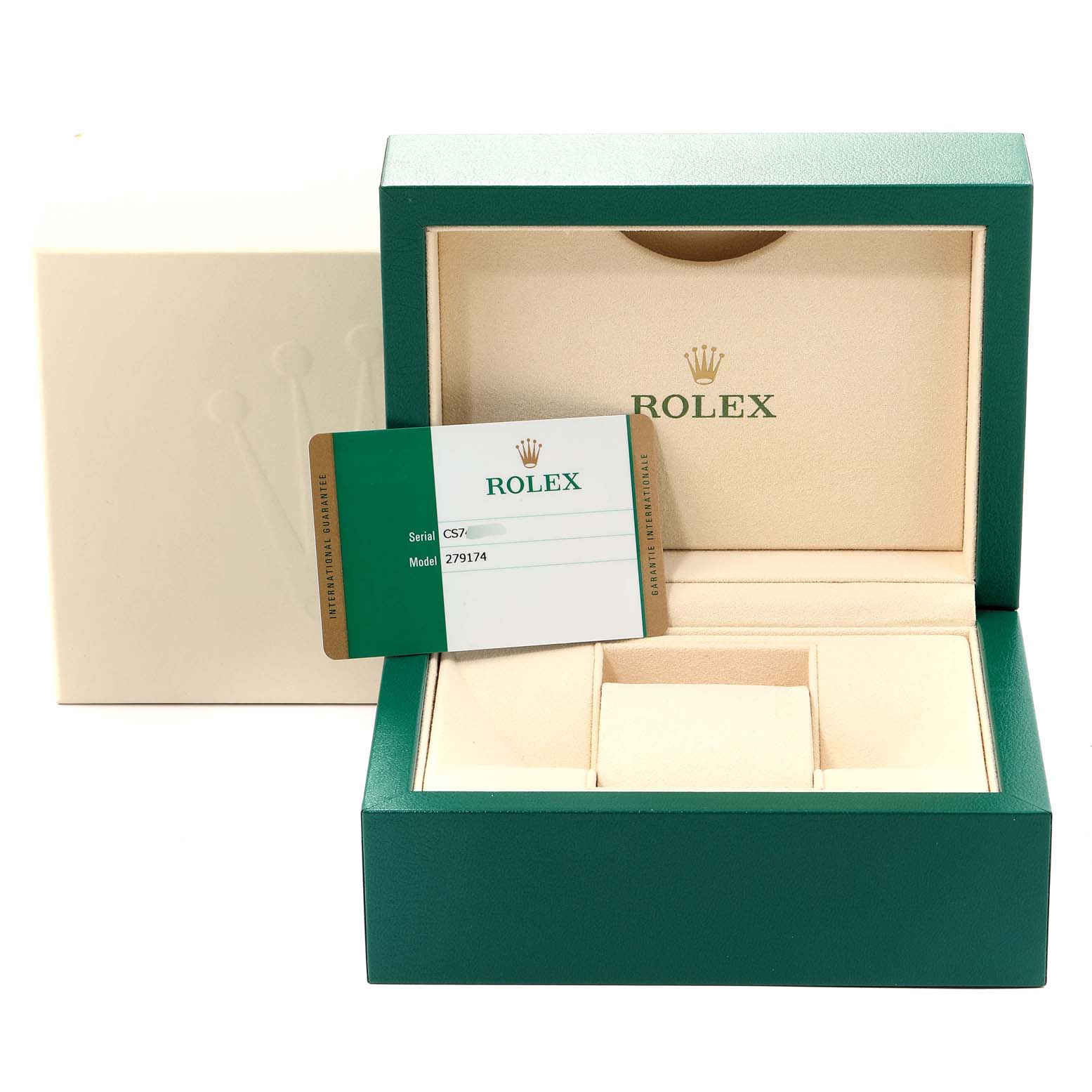 The image shows an open green Rolex Datejust 279174 Women's Stainless Steel Brown Dial 279174 Women's Stainless Steel Brown Dial watch box with a warranty card displayed inside.
