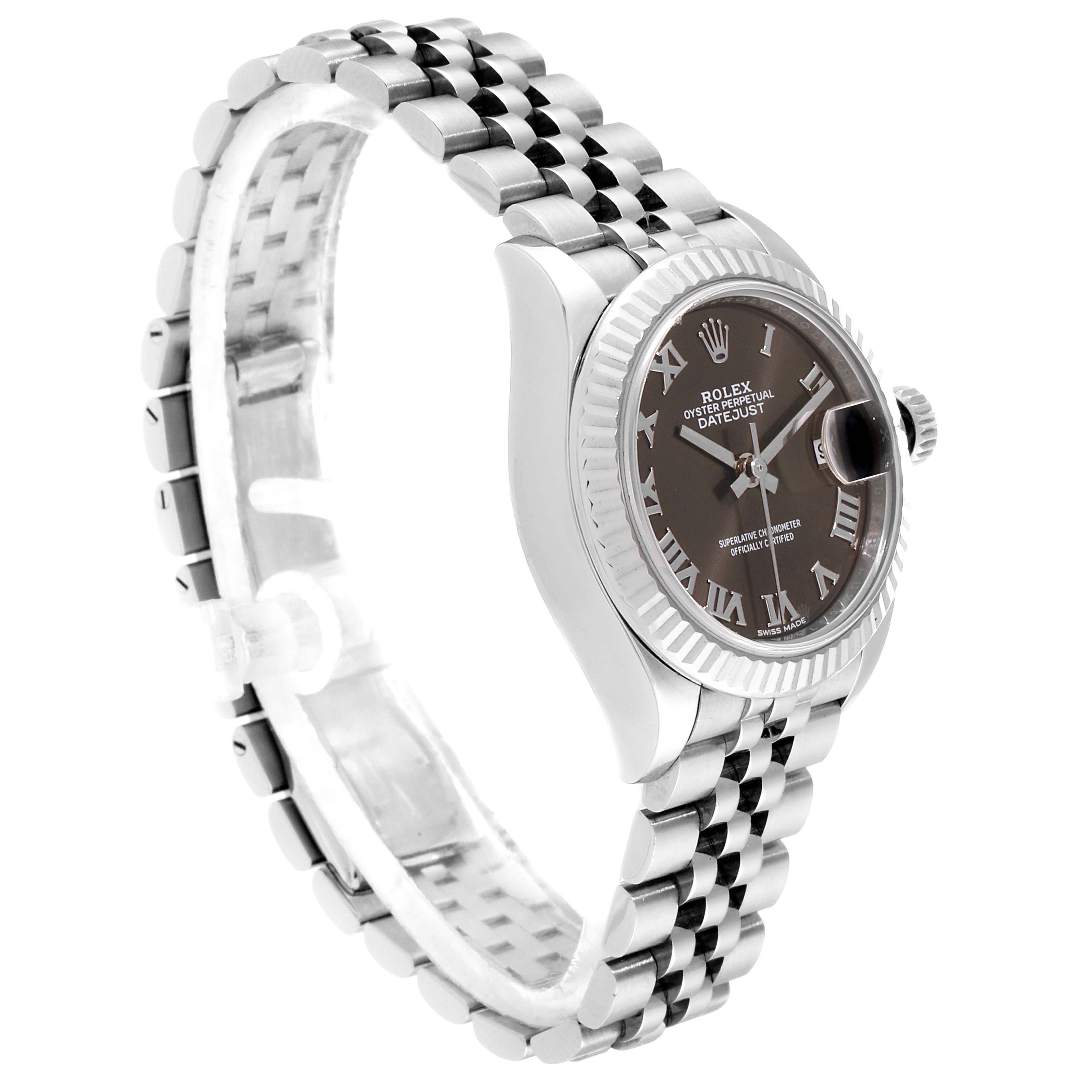 The image shows a side angle of a Rolex Datejust 279174 Women's Stainless Steel Brown Dial 279174 Women's Stainless Steel Brown Dial watch, highlighting its bracelet, fluted bezel, and black dial with Roman numerals.