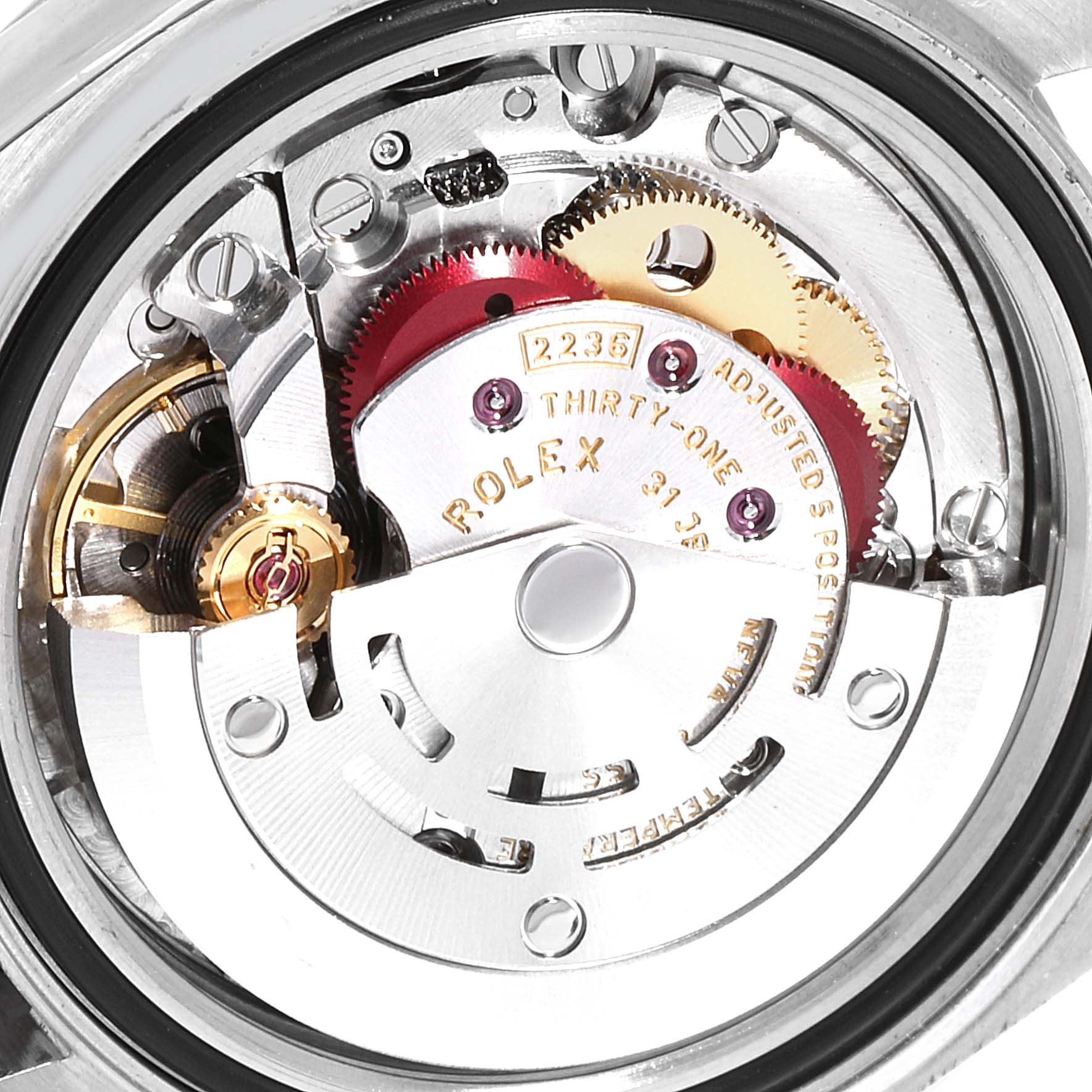 This image shows a close-up view of the movement mechanism inside a Rolex Datejust 279174 Women's Stainless Steel Brown Dial 279174 Women's Stainless Steel Brown Dial watch.