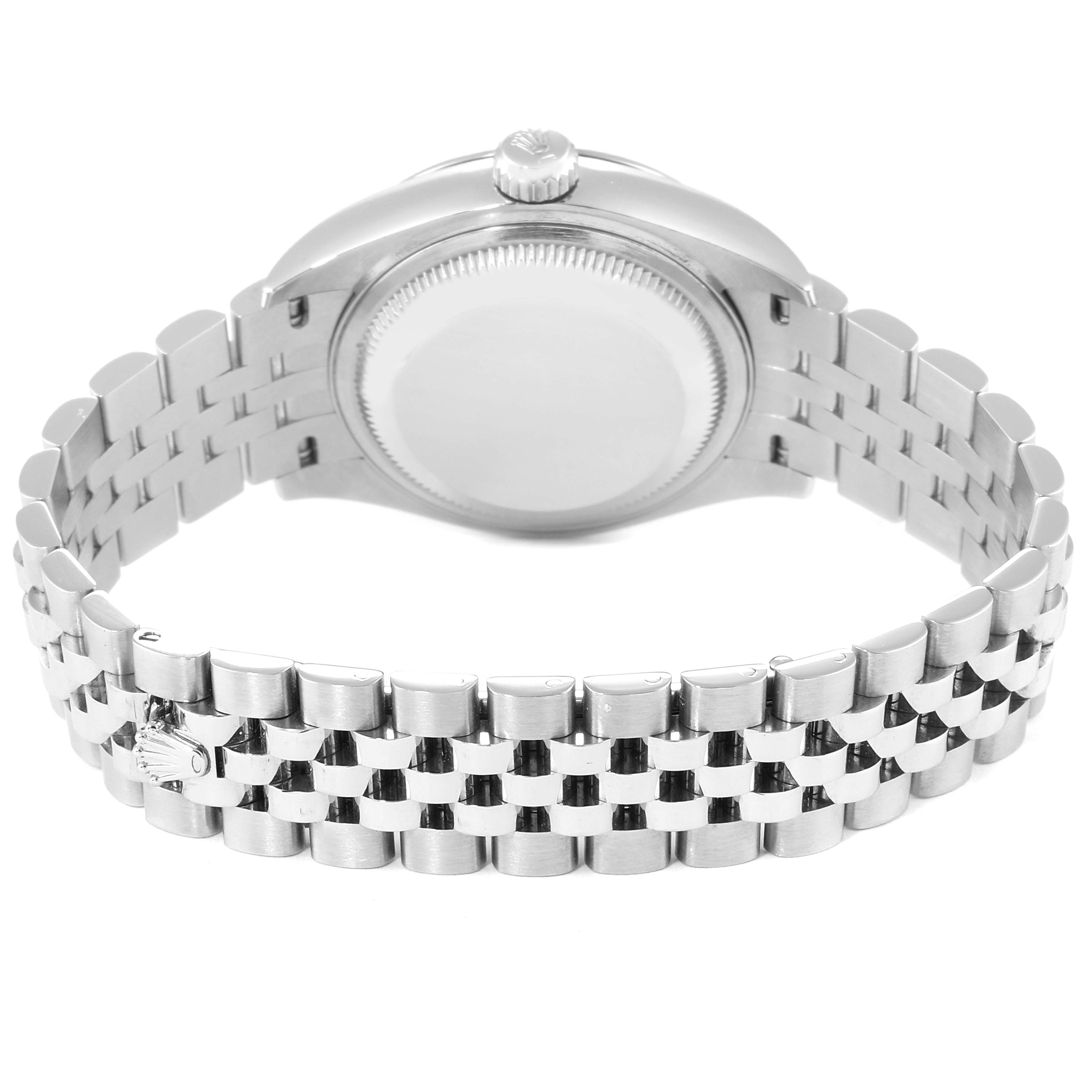 This image shows the back case and Jubilee bracelet of a Rolex Datejust 279174 Women's Stainless Steel Brown Dial 279174 Women's Stainless Steel Brown Dial watch, viewed from the rear.