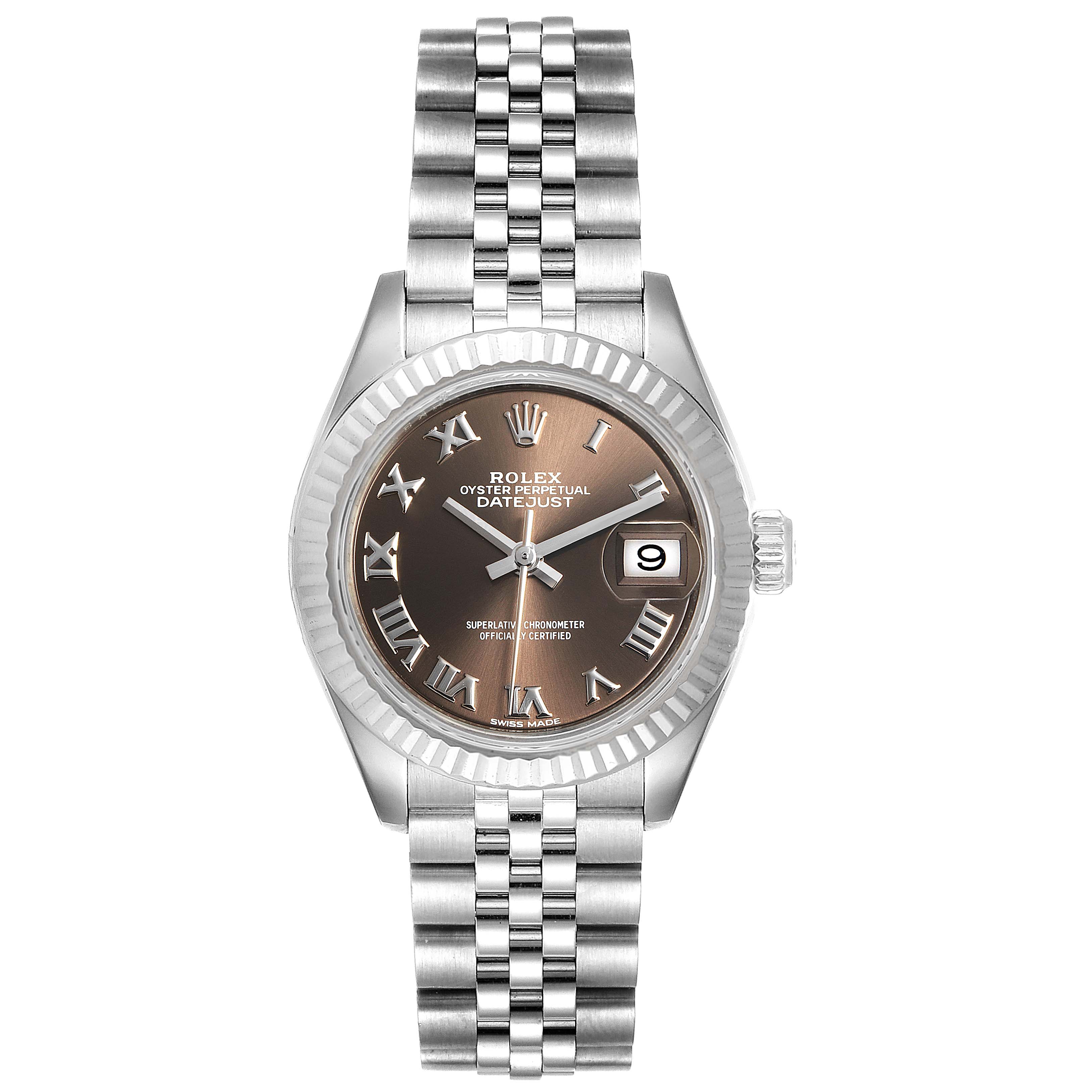 The image shows a front view of a Rolex Datejust 279174 Women's Stainless Steel Brown Dial 279174 Women's Stainless Steel Brown Dial watch featuring its dial, hands, date window, bezel, and bracelet.