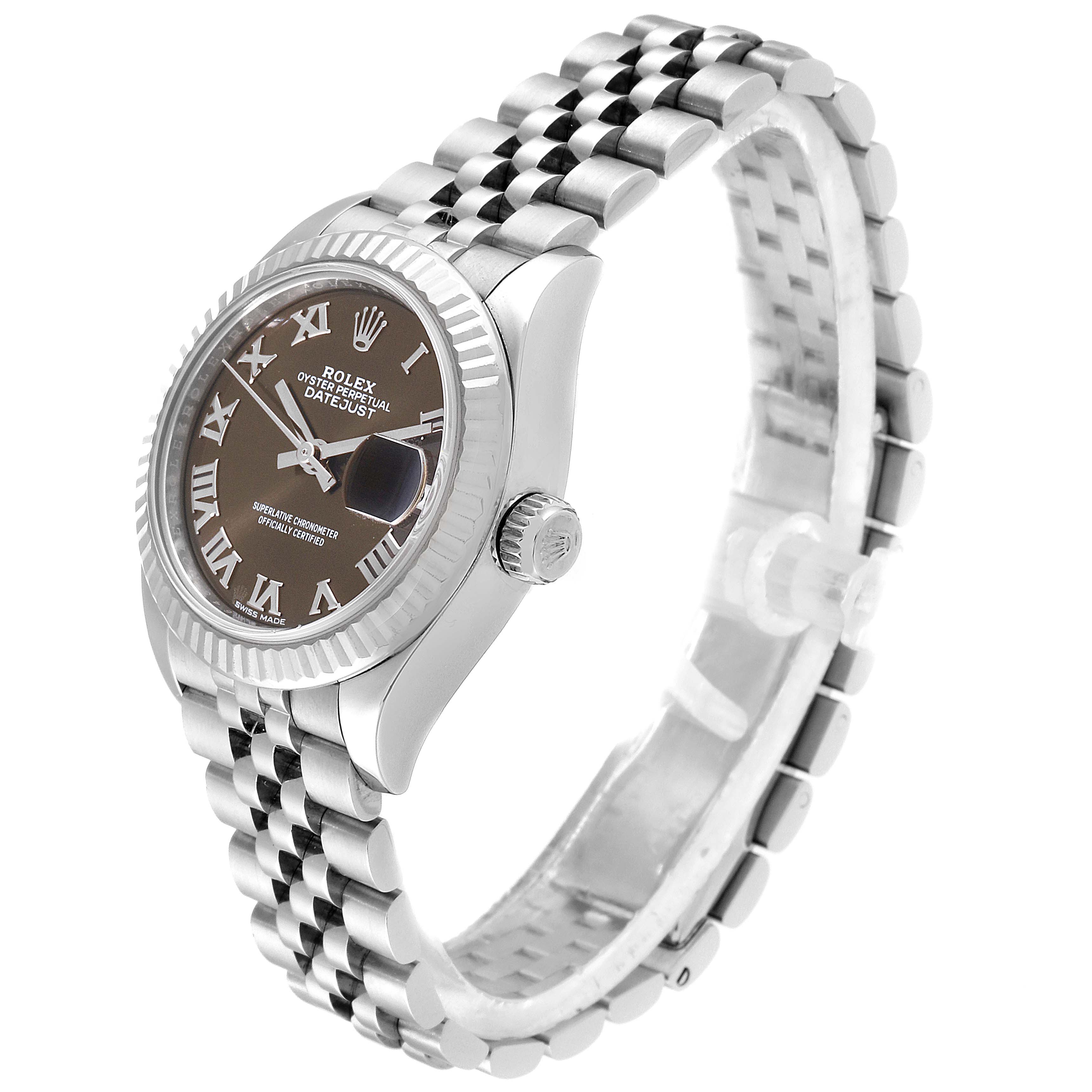This Rolex Datejust 279174 Women's Stainless Steel Brown Dial 279174 Women's Stainless Steel Brown Dial watch is shown from a three-quarter angle, featuring its dial, bezel, crown, and bracelet.
