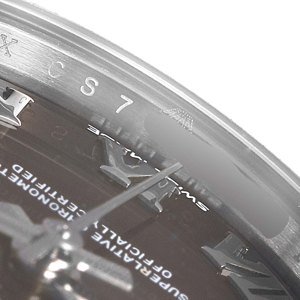 This is a close-up of the dial and inner bezel of the Rolex Datejust 279174 Women's Stainless Steel Brown Dial 279174 Women's Stainless Steel Brown Dial watch, showing the "CS7" marking and part of the hands.