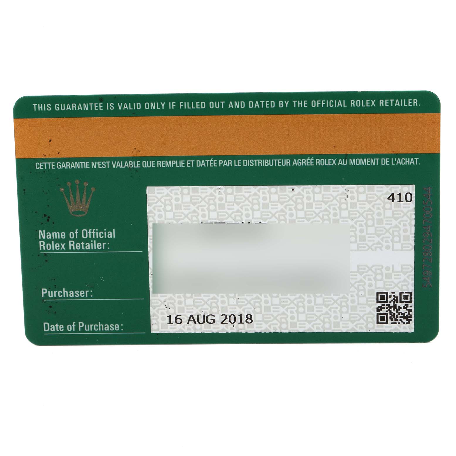 The image shows the warranty card for a Rolex Datejust 279174 Women's Stainless Steel Brown Dial 279174 Women's Stainless Steel Brown Dial watch, including retailer details, purchase date, and a QR code.