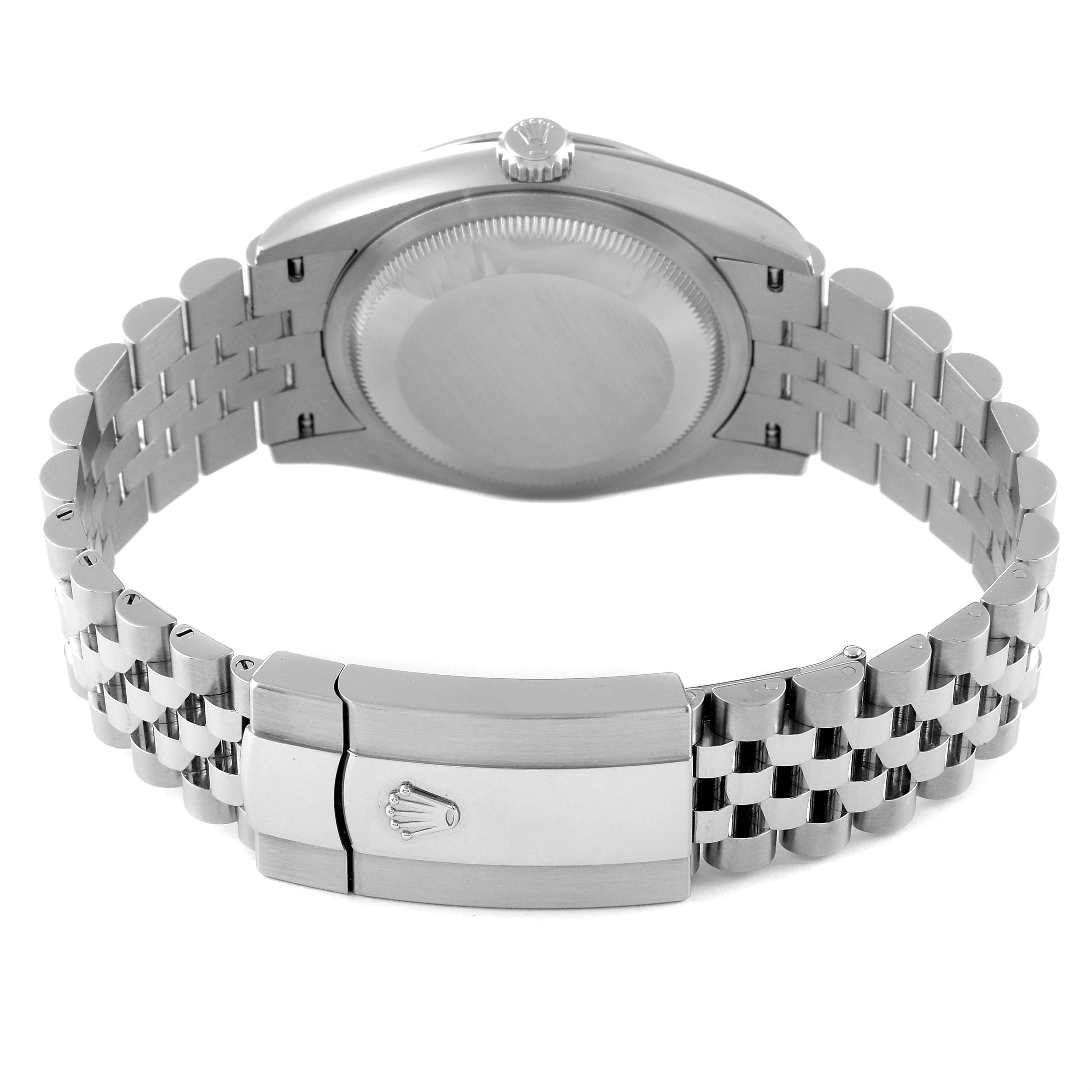 The image shows the back view of a Rolex Datejust 126200 Men
s Stainless Steel Grey Dial 126200 Men
s Stainless Steel Grey Dial watch, highlighting the case back and bracelet clasp.
