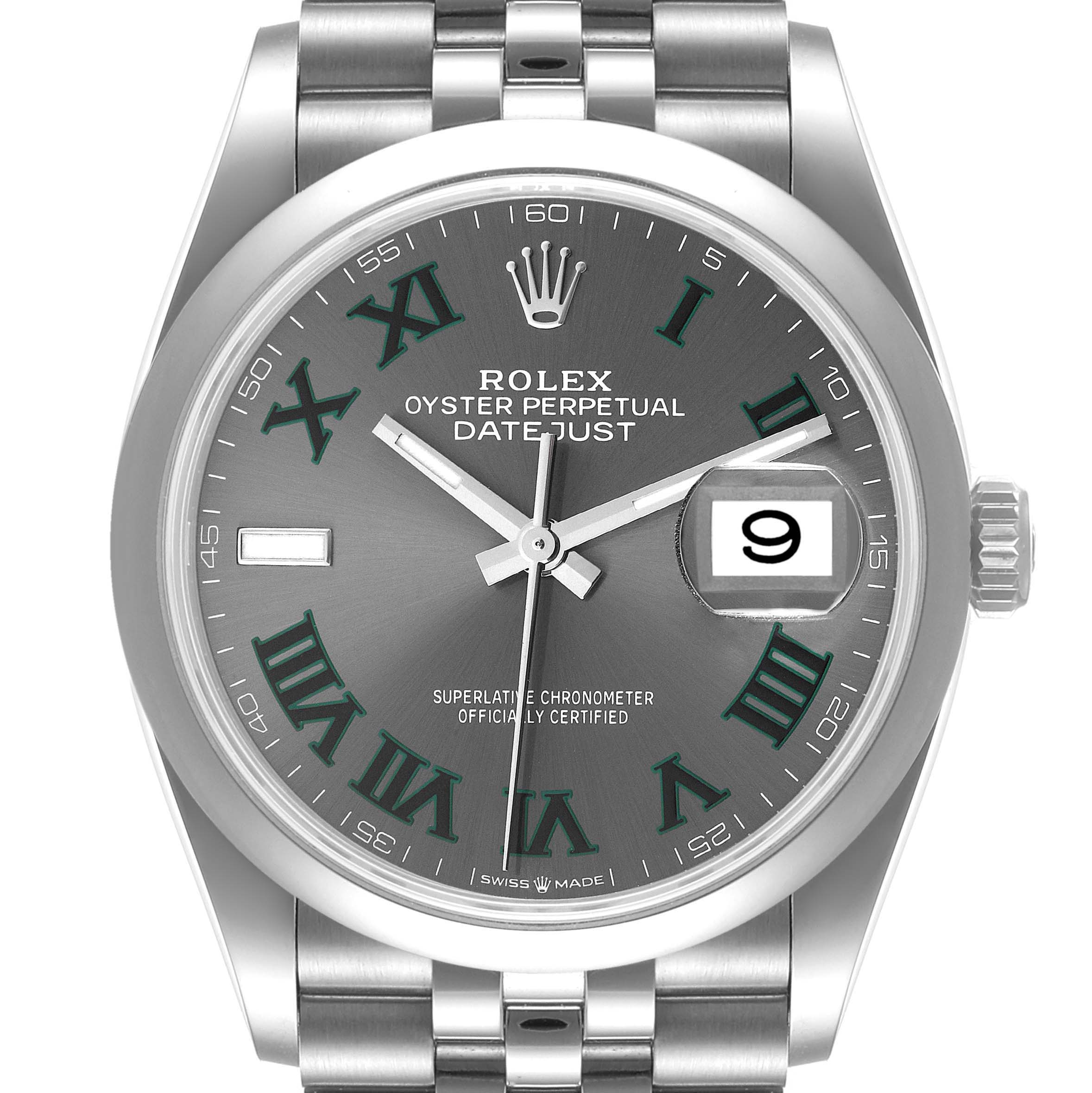The image shows a front-facing view of a Rolex Datejust 126200 Men
s Stainless Steel Grey Dial 126200 Men
s Stainless Steel Grey Dial watch highlighting its dial and bracelet.