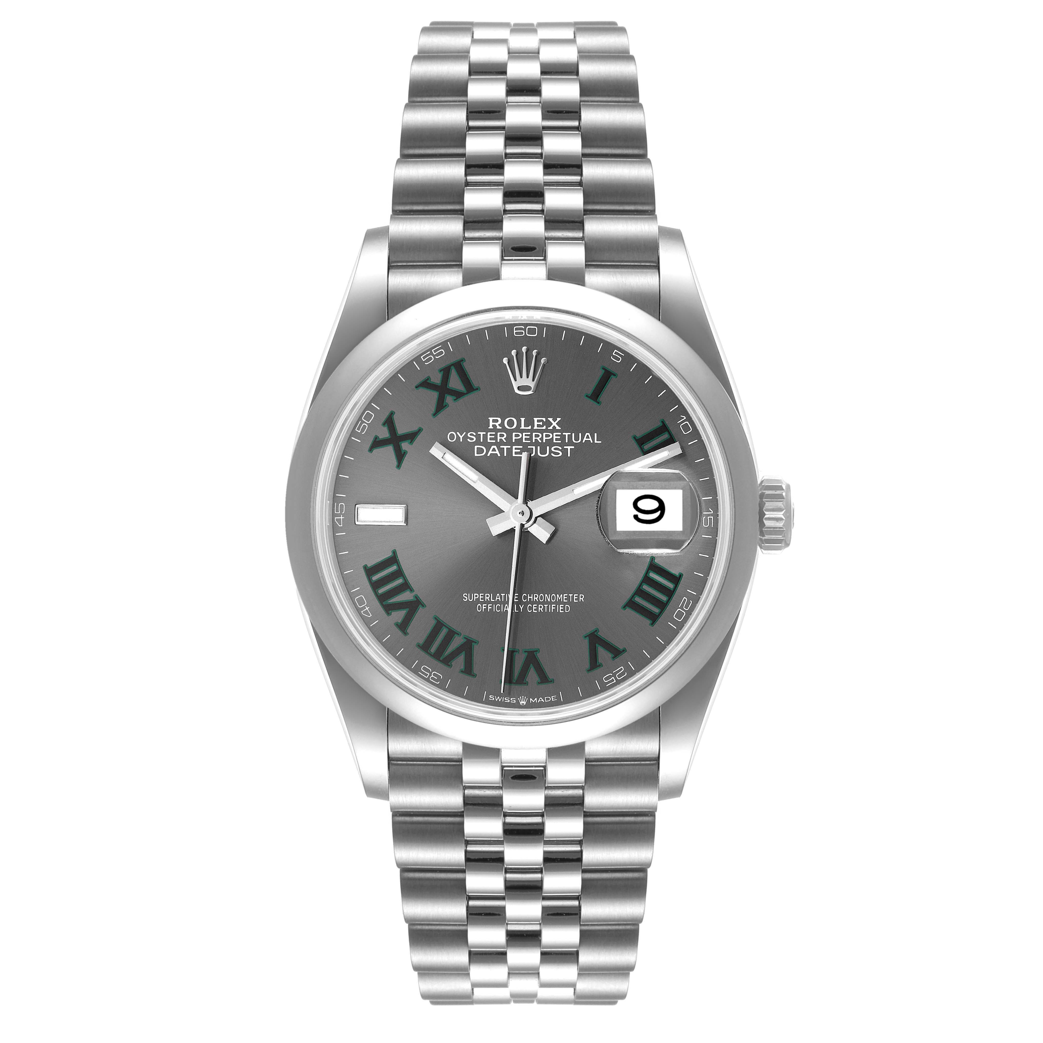 The image shows a front view of a Rolex Datejust 126200 Men
s Stainless Steel Grey Dial 126200 Men
s Stainless Steel Grey Dial watch, highlighting its face, bracelet, bezel, and date display.