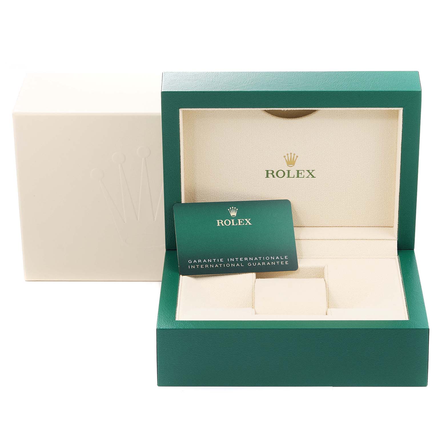 This image shows a Rolex Datejust 126200 Men
s Stainless Steel Grey Dial 126200 Men
s Stainless Steel Grey Dial watch box with an international guarantee card inside.