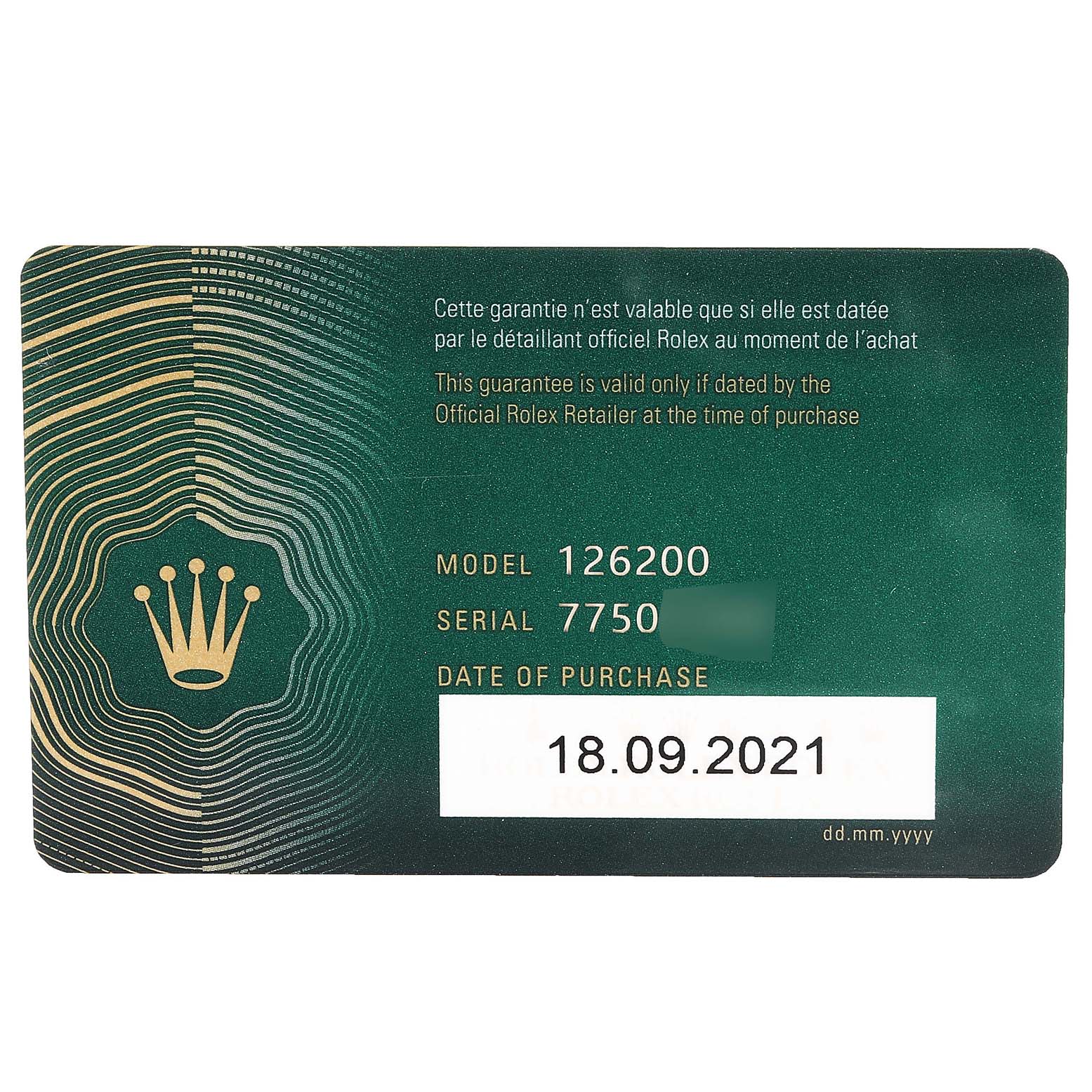 This is the warranty card for a Rolex Datejust 126200 Men
s Stainless Steel Grey Dial 126200 Men
s Stainless Steel Grey Dial model 126200, showing model, serial number, and date of purchase.