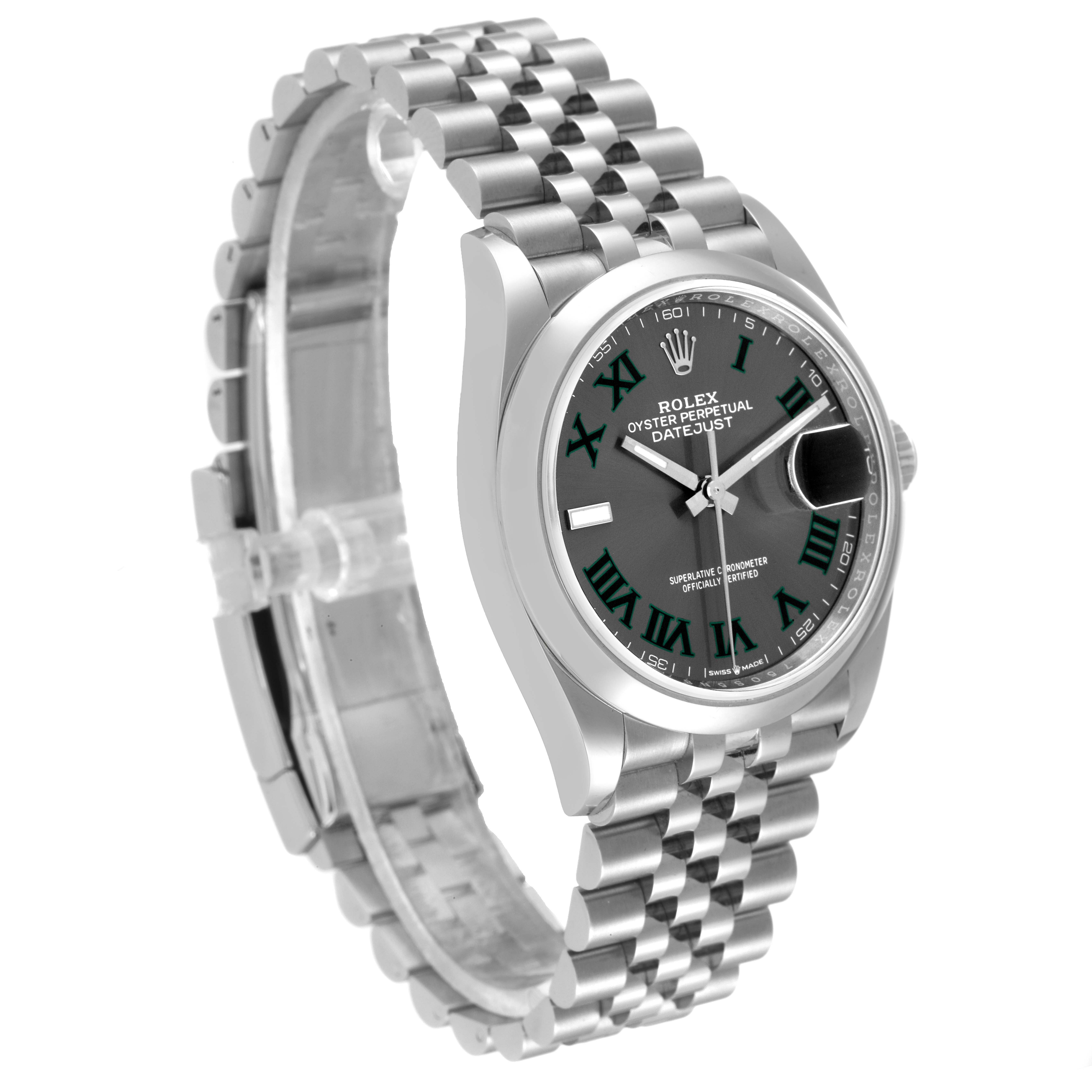 This image shows a Rolex Datejust 126200 Men
s Stainless Steel Grey Dial 126200 Men
s Stainless Steel Grey Dial watch at a three-quarter angle, displaying the watch face, bezel, and metal bracelet.