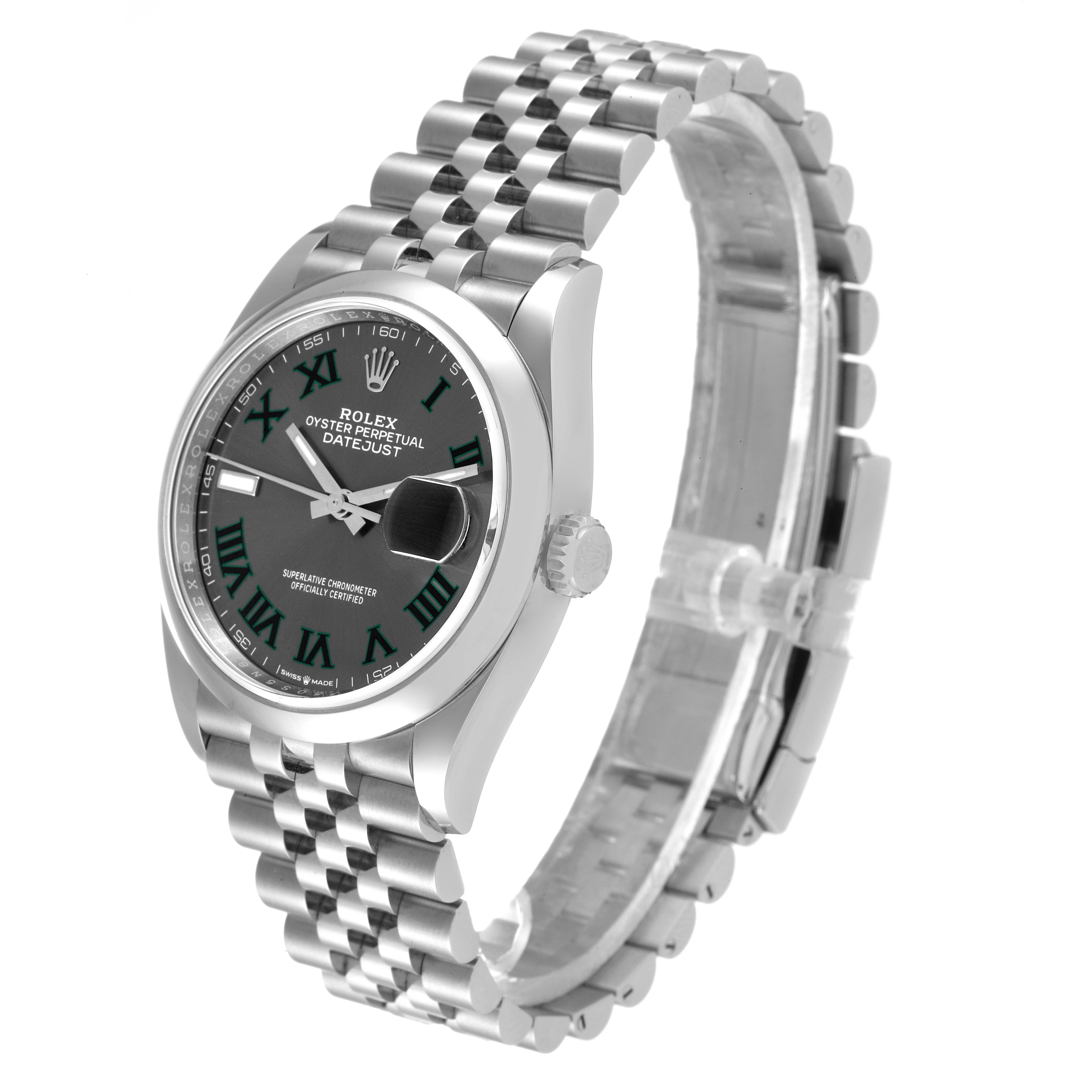 The Rolex Datejust 126200 Men
s Stainless Steel Grey Dial 126200 Men
s Stainless Steel Grey Dial watch is shown at an angled side view, highlighting the face, bezel, crown, and bracelet.