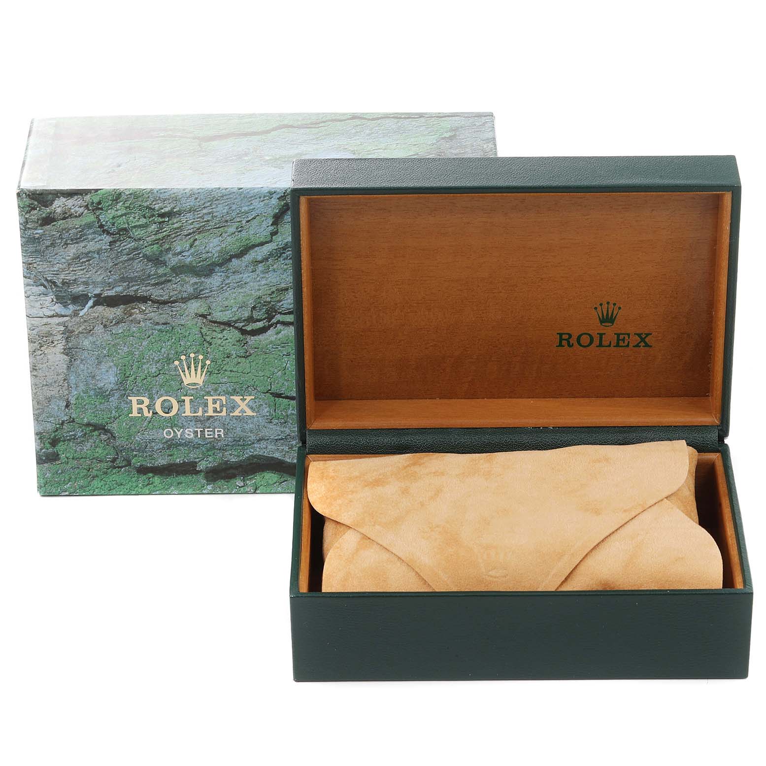 The image shows the Rolex Datejust 16220 Men's Stainless Steel Pink Dial 16220 Men's Stainless Steel Pink Dial packaging, with the outer box and an open inner box displaying a protective leather pouch.