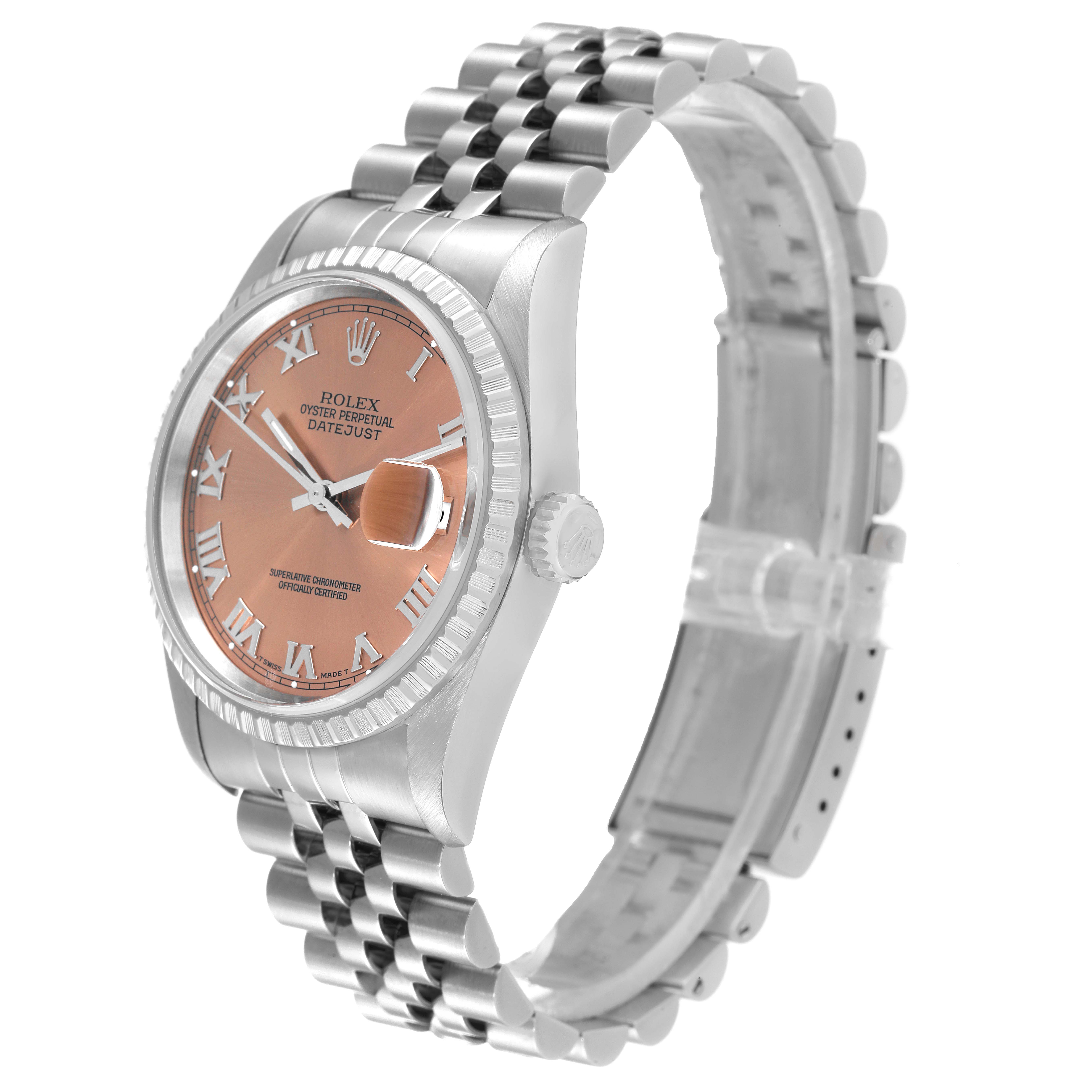 This image shows a Rolex Datejust 16220 Men's Stainless Steel Pink Dial 16220 Men's Stainless Steel Pink Dial watch at an angled side view, featuring its jubilee bracelet and fluted bezel.
