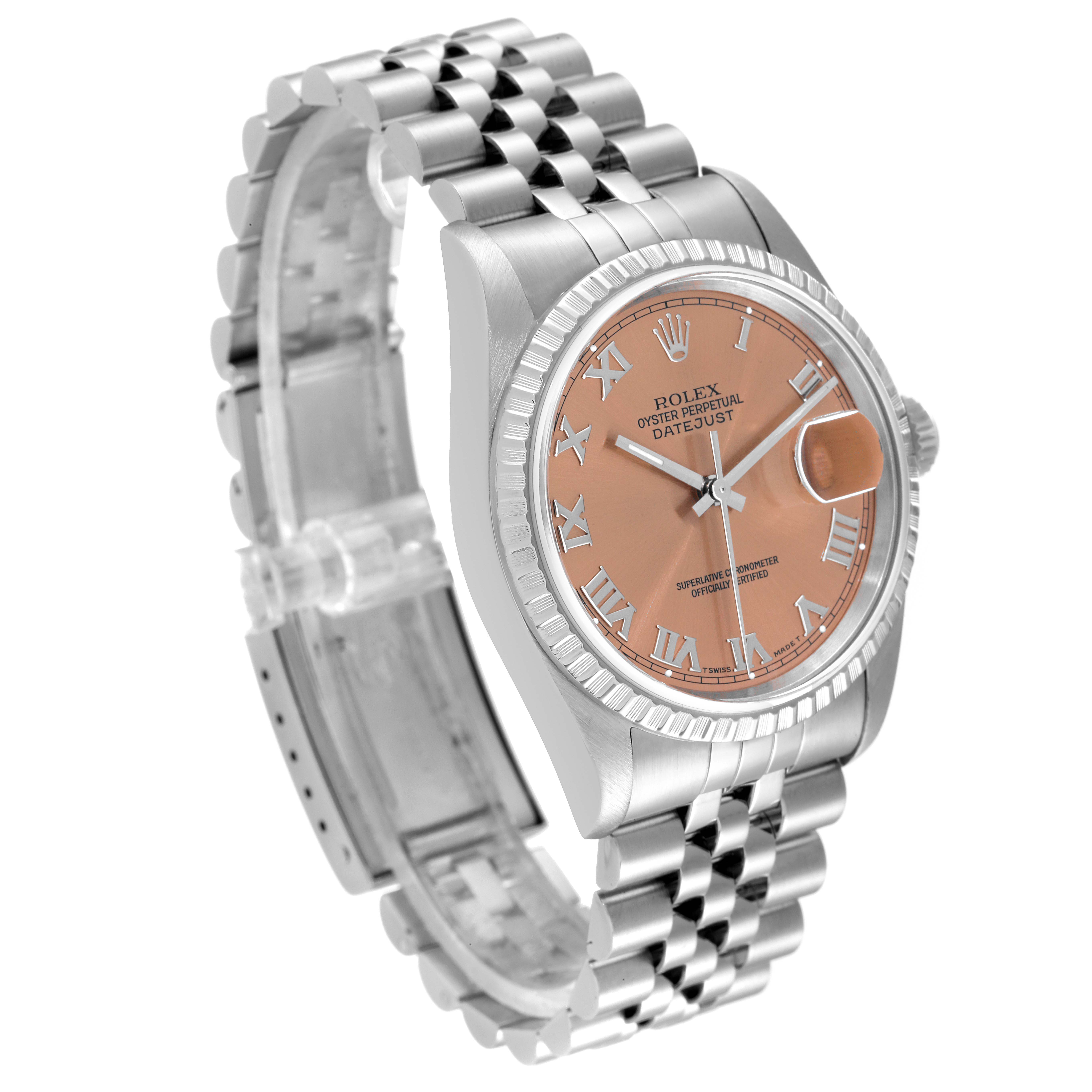 The image shows a Rolex Datejust 16220 Men's Stainless Steel Pink Dial 16220 Men's Stainless Steel Pink Dial watch at a three-quarter angle highlighting the pink dial, fluted bezel, and jubilee bracelet.