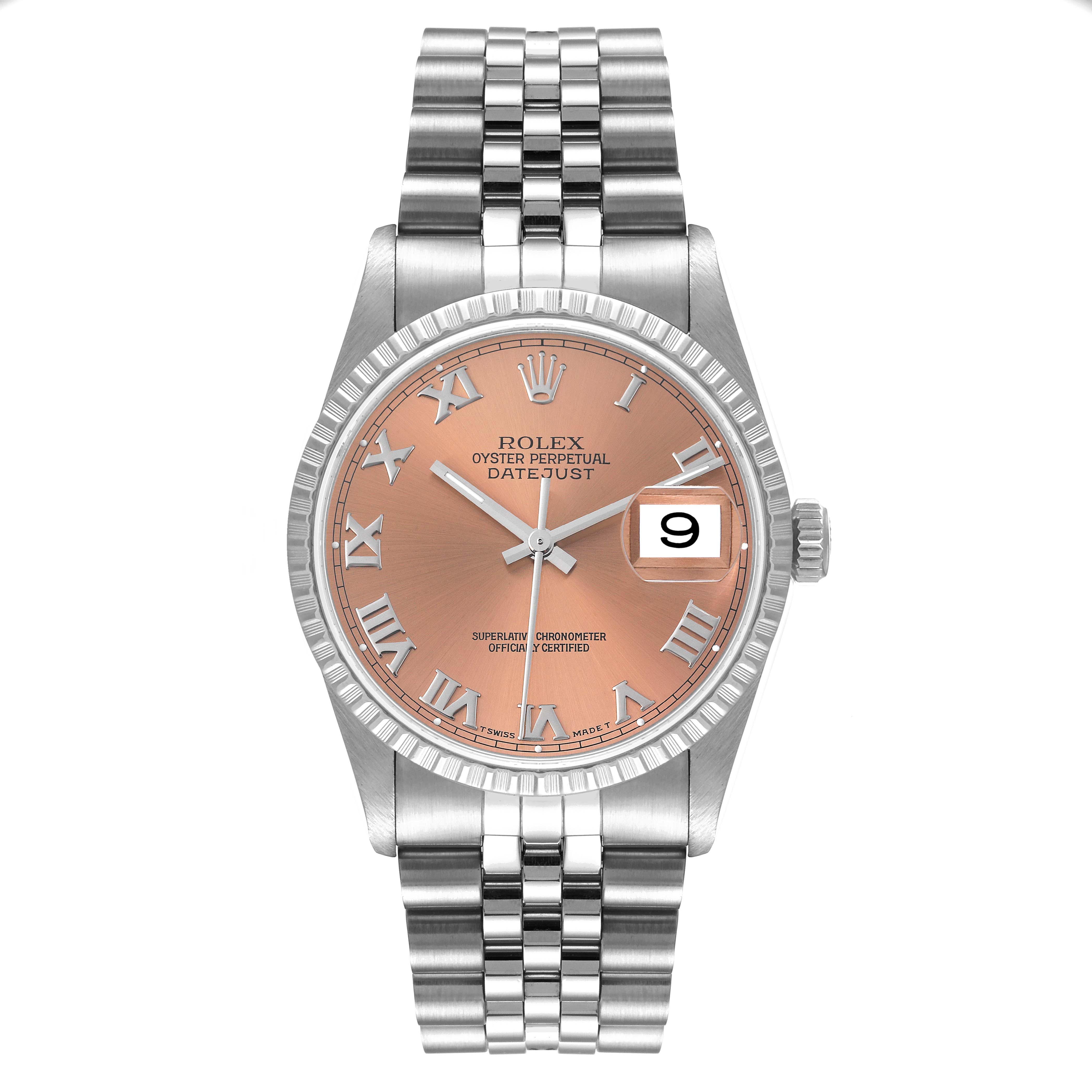 The Rolex Datejust 16220 Men's Stainless Steel Pink Dial 16220 Men's Stainless Steel Pink Dial watch is shown from a front angle, displaying its dial, bezel, and bracelet.