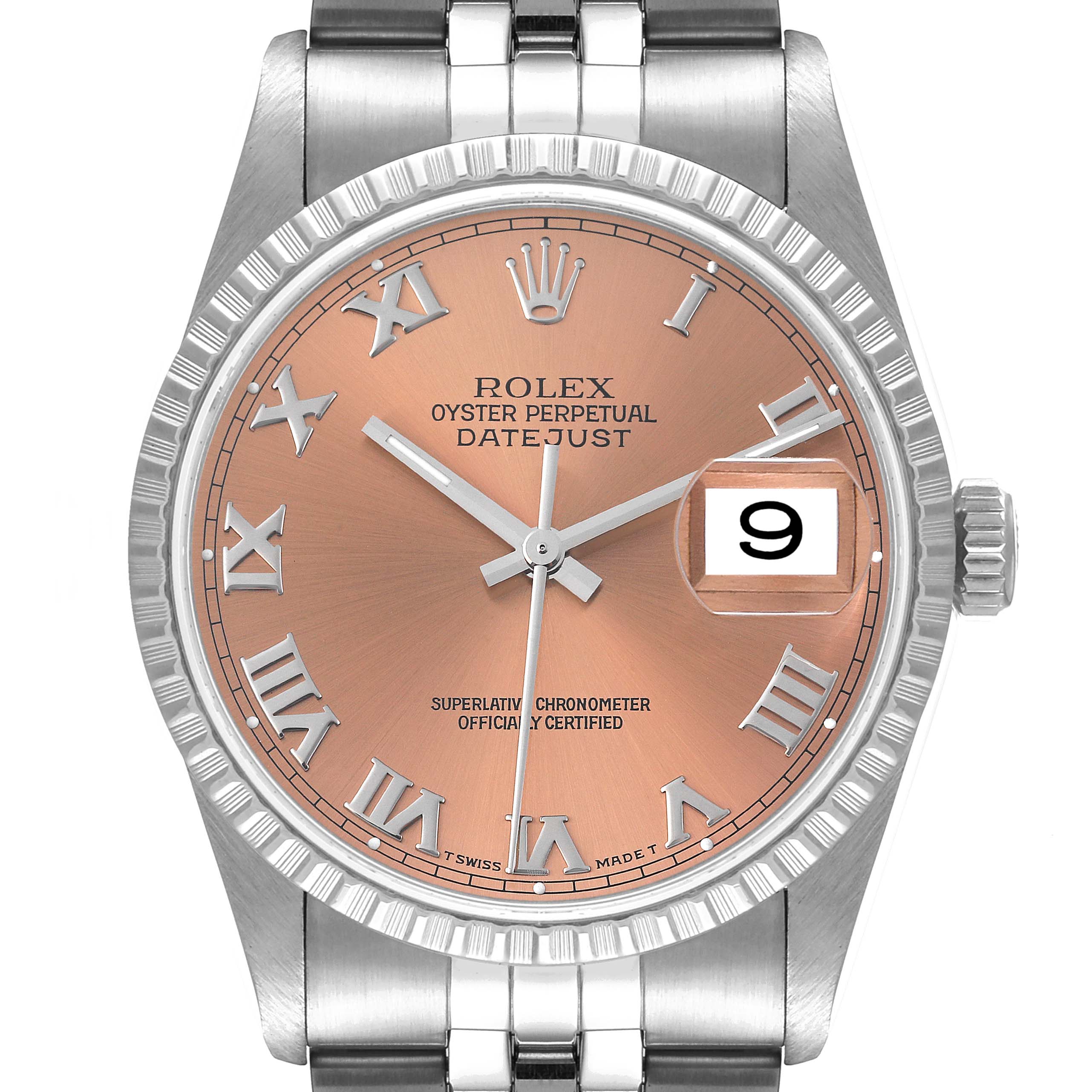 This image shows a front view of the Rolex Datejust 16220 Men's Stainless Steel Pink Dial 16220 Men's Stainless Steel Pink Dial watch, highlighting its face, bezel, and part of the bracelet.