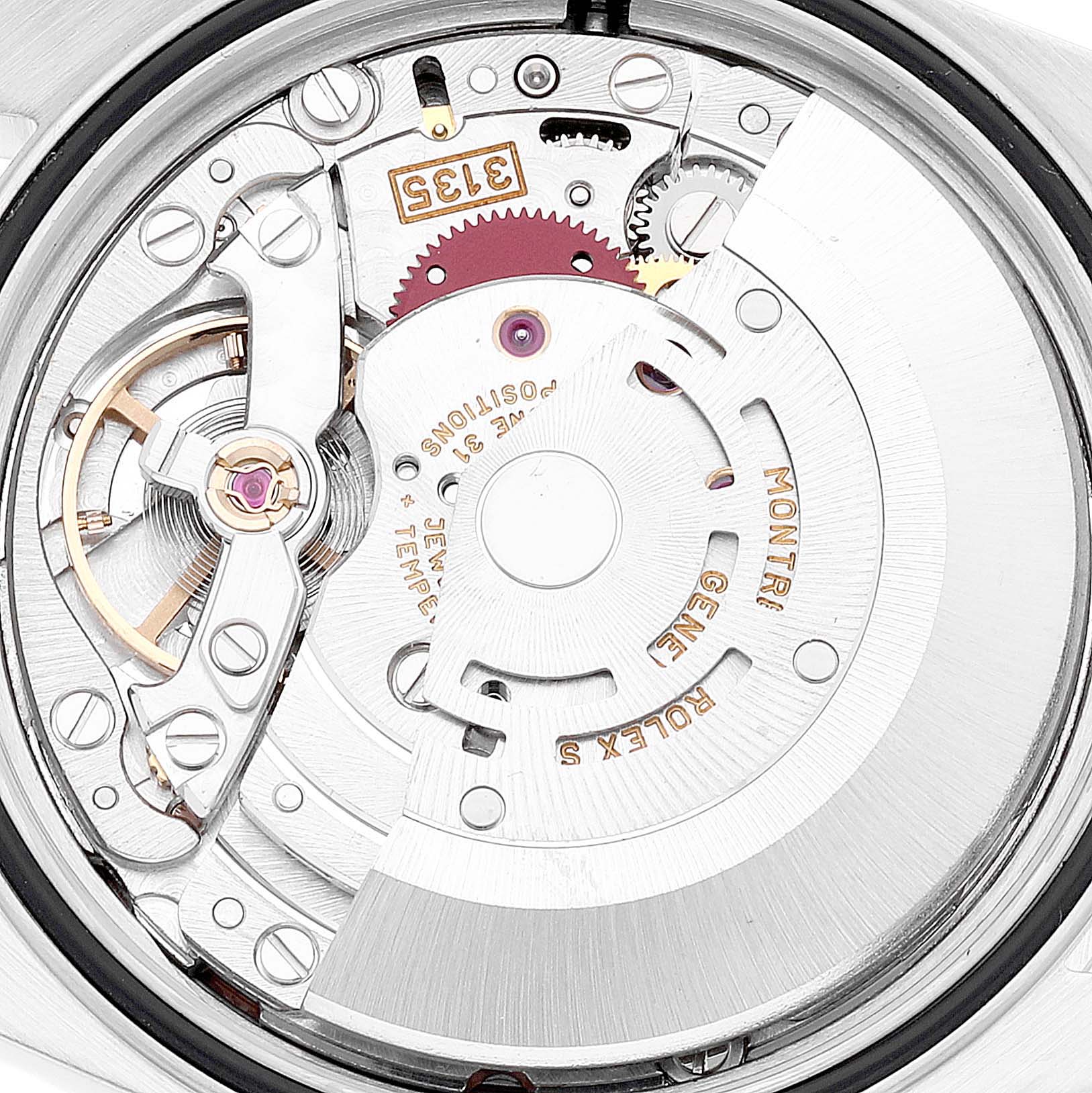 The image shows a close-up of the movement mechanism of a Rolex Datejust 16220 Men's Stainless Steel Pink Dial 16220 Men's Stainless Steel Pink Dial watch.