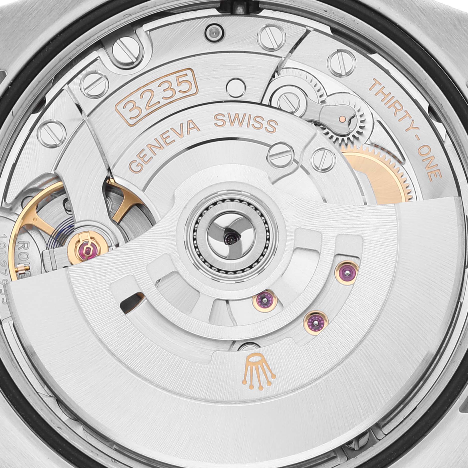 The image shows the movement mechanism of a Rolex Datejust 126281 Men's Steel and Gold (two tone) Mother of Pearl Dial 126281 Men's Steel and Gold (two tone) Mother of Pearl Dial watch viewed from the back, highlighting the caliber 3235.