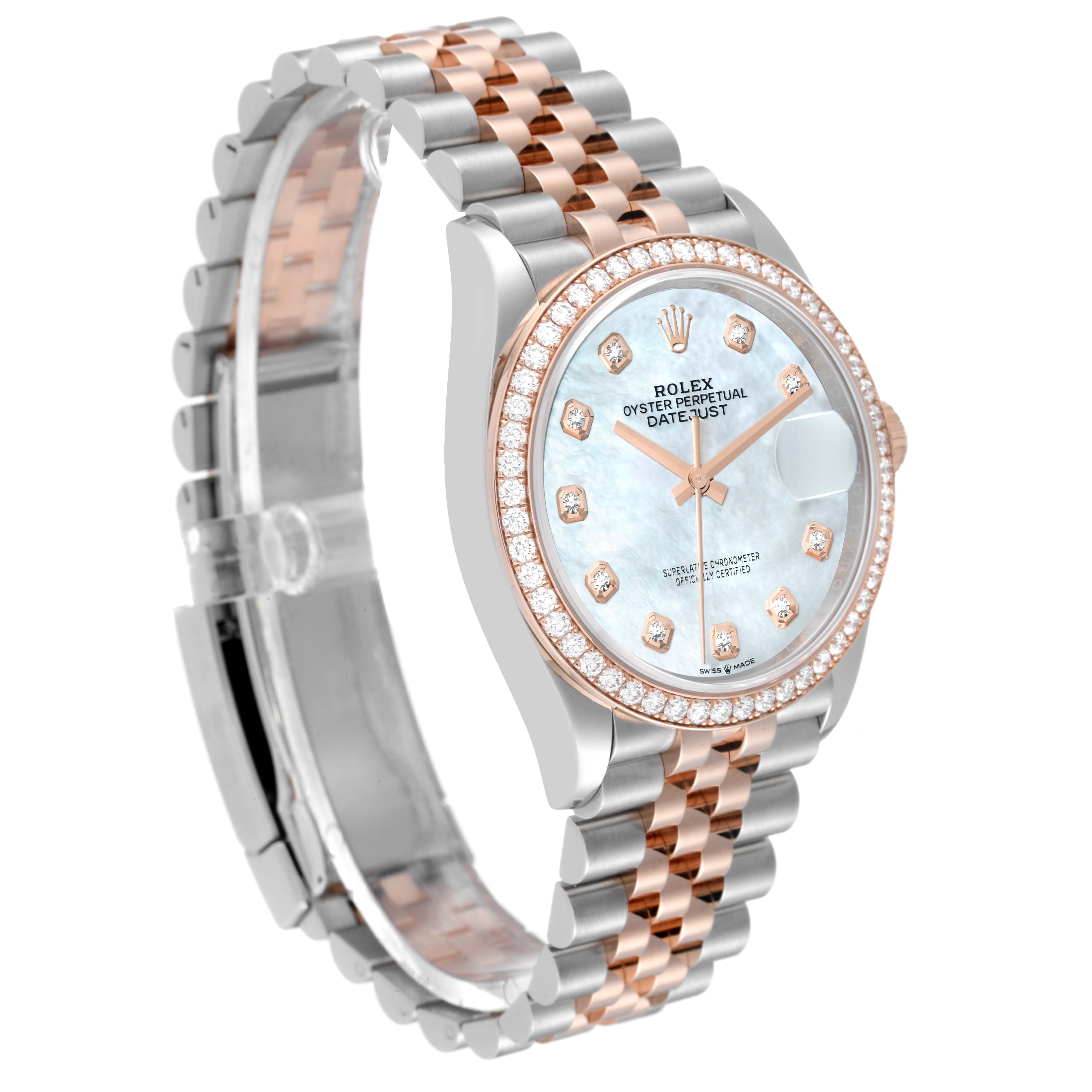The image shows a side angle of a Rolex Datejust 126281 Men's Steel and Gold (two tone) Mother of Pearl Dial 126281 Men's Steel and Gold (two tone) Mother of Pearl Dial watch, highlighting its dial, bezel, and two-tone bracelet.