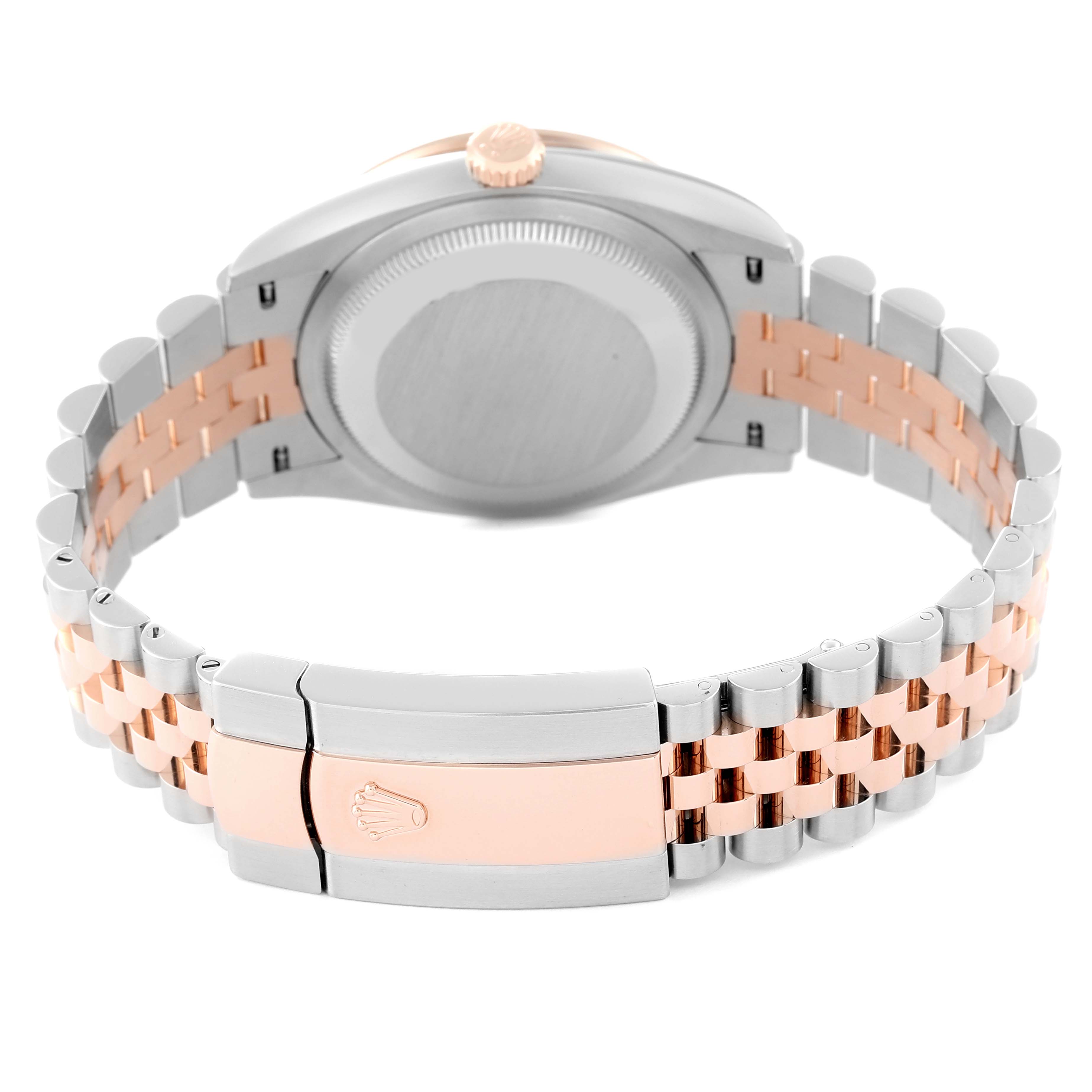 This image shows the back and bracelet clasp of a Rolex Datejust 126281 Men's Steel and Gold (two tone) Mother of Pearl Dial 126281 Men's Steel and Gold (two tone) Mother of Pearl Dial watch, highlighting the two-tone metal finish.