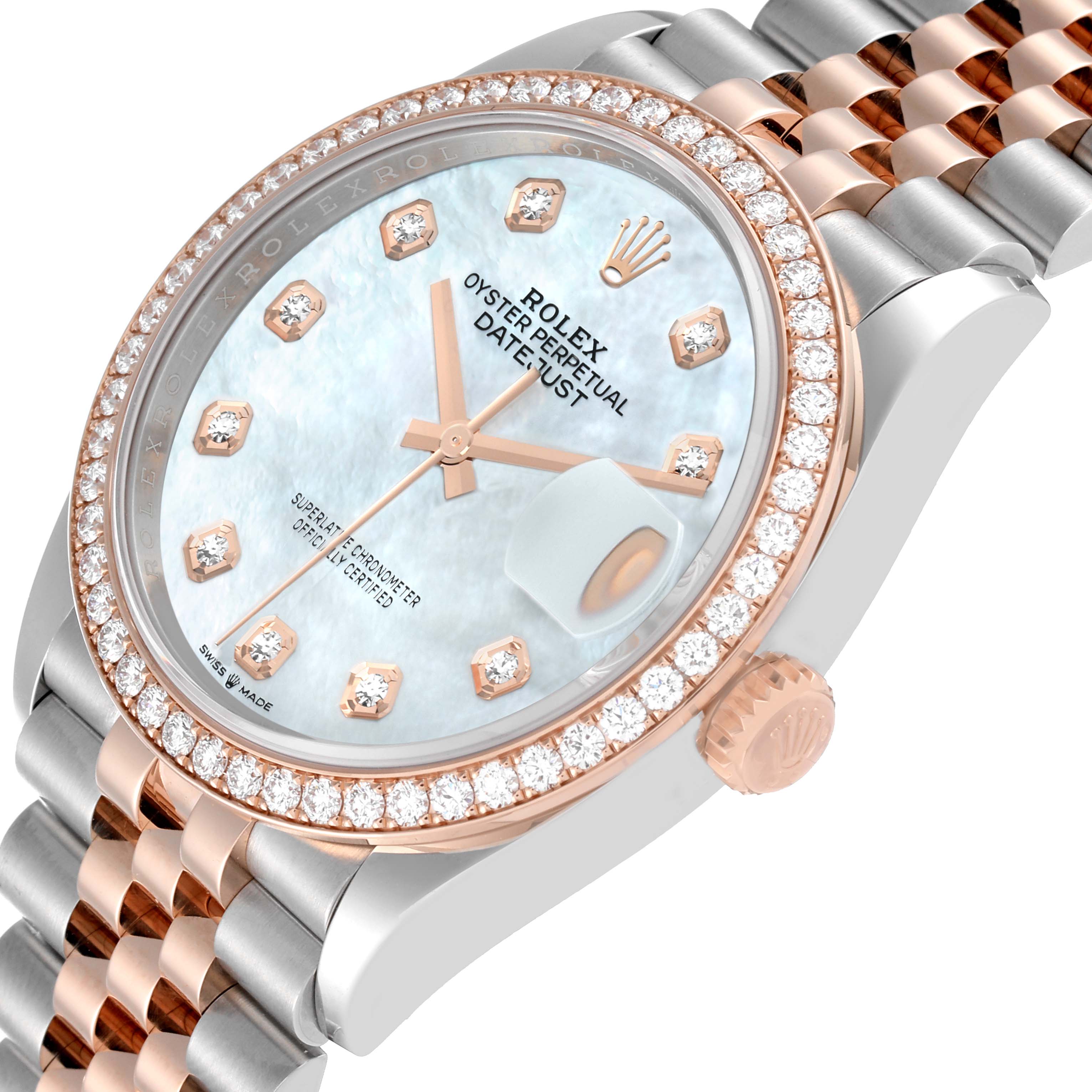 The image shows a Rolex Datejust 126281 Men's Steel and Gold (two tone) Mother of Pearl Dial 126281 Men's Steel and Gold (two tone) Mother of Pearl Dial watch at a slight angle, highlighting the bezel, dial, and part of the jubilee bracelet.